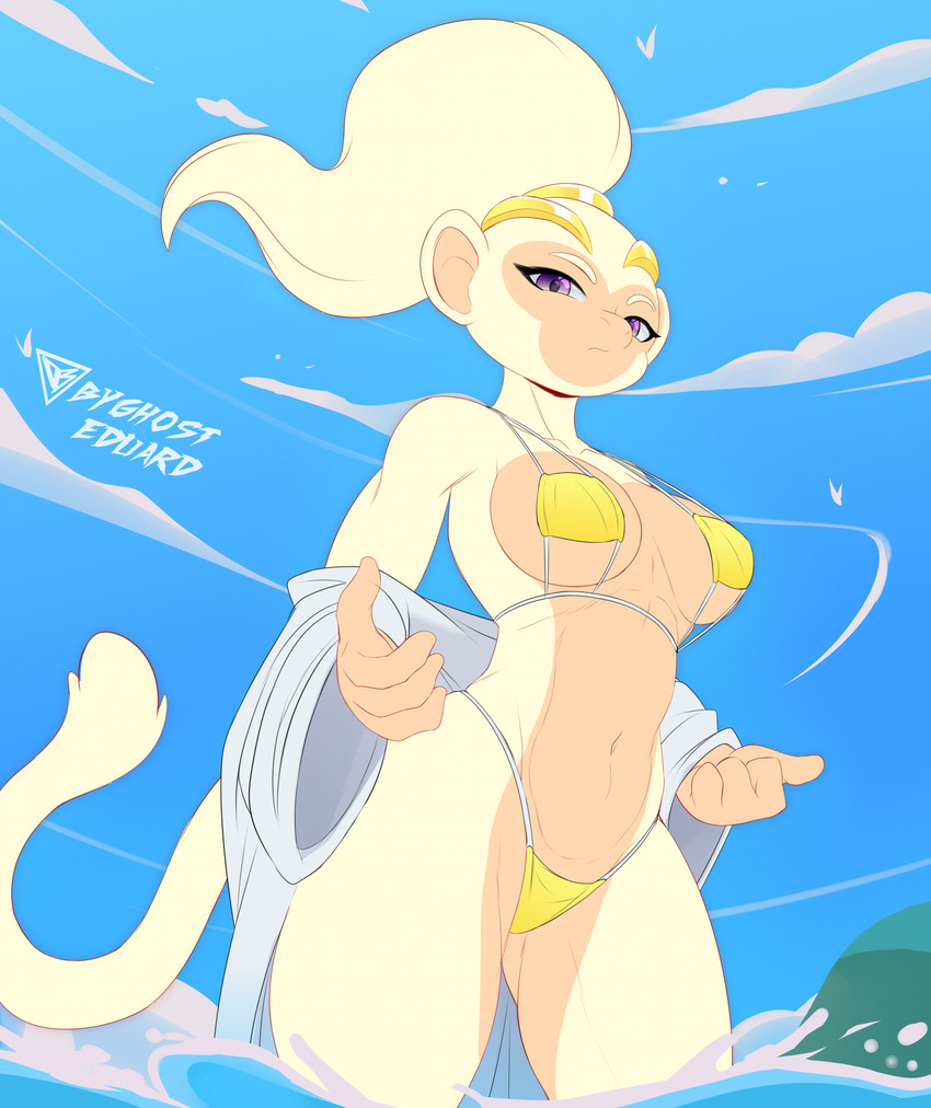1girls, adora (bloons tower defense), anthro, bikini, bloons tower defense, byghosteduard, female, female only, monkey, monkey girl, navel, ponytail, primate, purple eyes, skimpy bikini, white fur