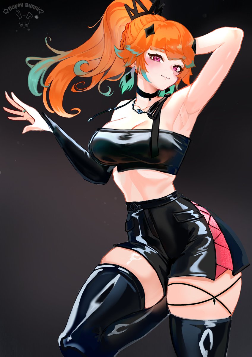arm up, armpit crease, armpits, artist name, black shorts, black thighhighs, black tube top, breasts, bridal gauntlets, choker, commentary, dopeybunni, earrings, english commentary, feather earrings, feathers, female, green hair, hair ornament, high ponytail, high-waist shorts, highres, hololive, hololive english, hololive myth, jewelry, large breasts, long hair, looking at viewer, midriff, mirage (takanashi kiara), multicolored hair, necklace, orange hair, ponytail, purple eyes, short shorts, shorts, simple background, single bridal gauntlet, skindentation, smile, solo, strapless, takanashi kiara, thighhighs, tube top, virtual youtuber