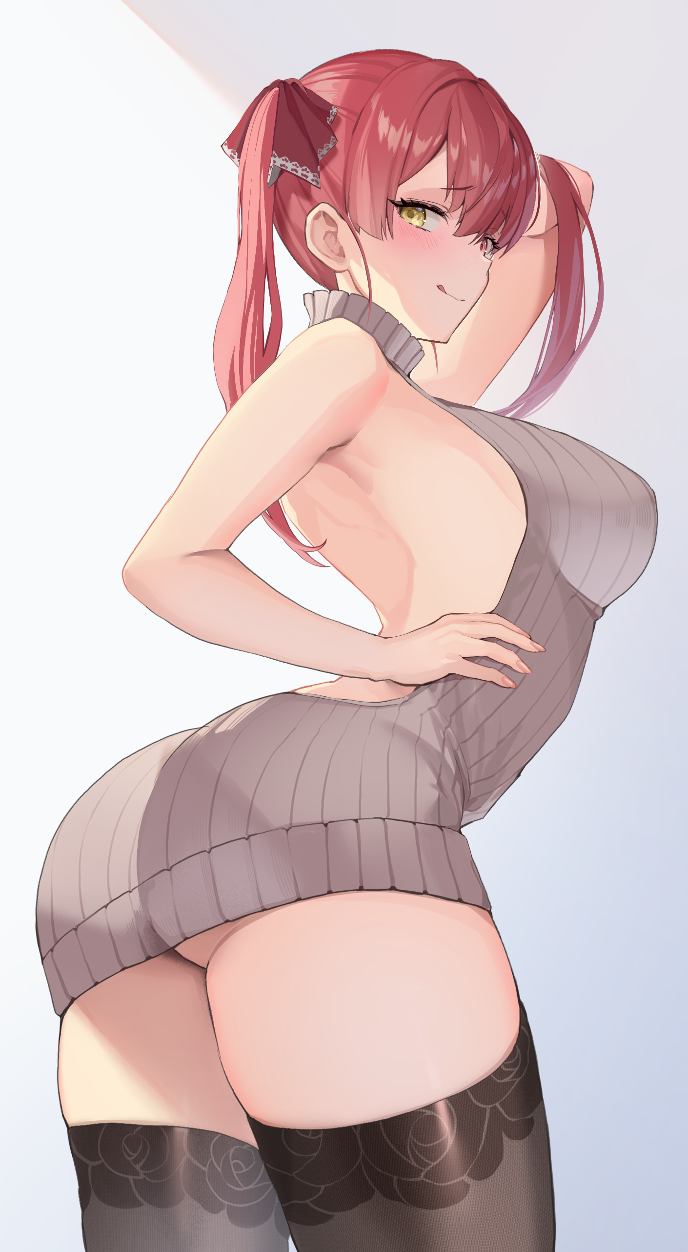 :q, absurdres, alternate costume, arm behind head, ass, backless outfit, bare shoulders, black thighhighs, blush, breasts, curvy, dress, female, from side, grey sweater, hair between eyes, hair ribbon, hand on own hip, heterochromia, highres, hololive, hololive fantasy, hololive japan, houshou marine, large breasts, long hair, looking at viewer, pi tayuko, red eyes, red hair, red ribbon, ribbed sweater, ribbon, sleeveless, sleeveless sweater, sleeveless turtleneck, smile, solo, sweater, sweater dress, thighhighs, thighs, tongue, tongue out, turtleneck, turtleneck sweater, twintails, virgin killer sweater, virtual youtuber, yellow eyes