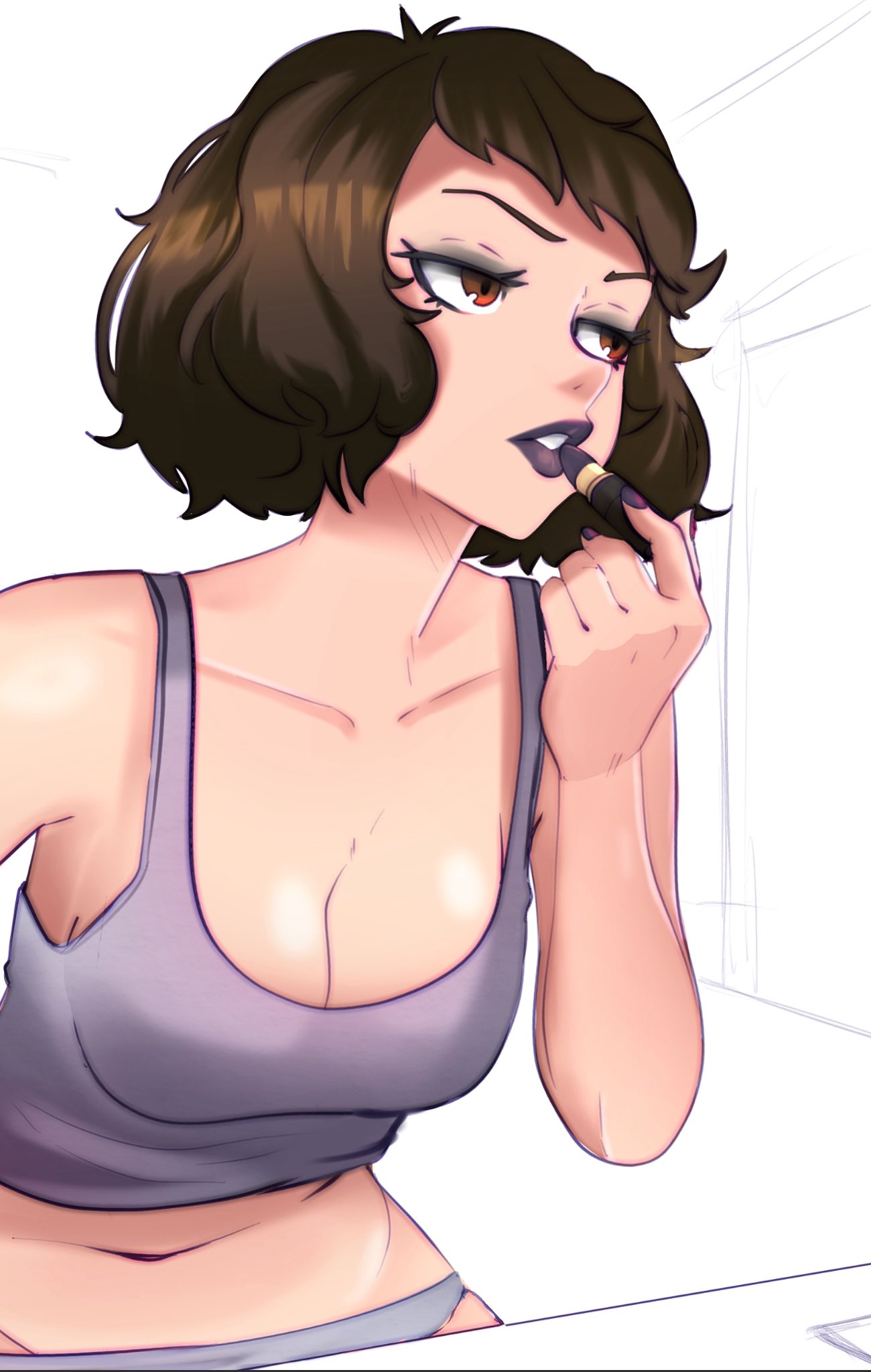 1girls, 2d, 2d (artwork), bare shoulders, belly, black lips, black lipstick, blysill, breasts, brown eyes, brown hair, cleavage, collarbone, dark lips, dark lipstick, female, hi res, highres, kawakami sadayo, large breasts, light skin, light-skinned female, lips, lipstick, makeup, navel, persona, persona 5, sadayo kawakami, short hair, solo, stomach, underwear