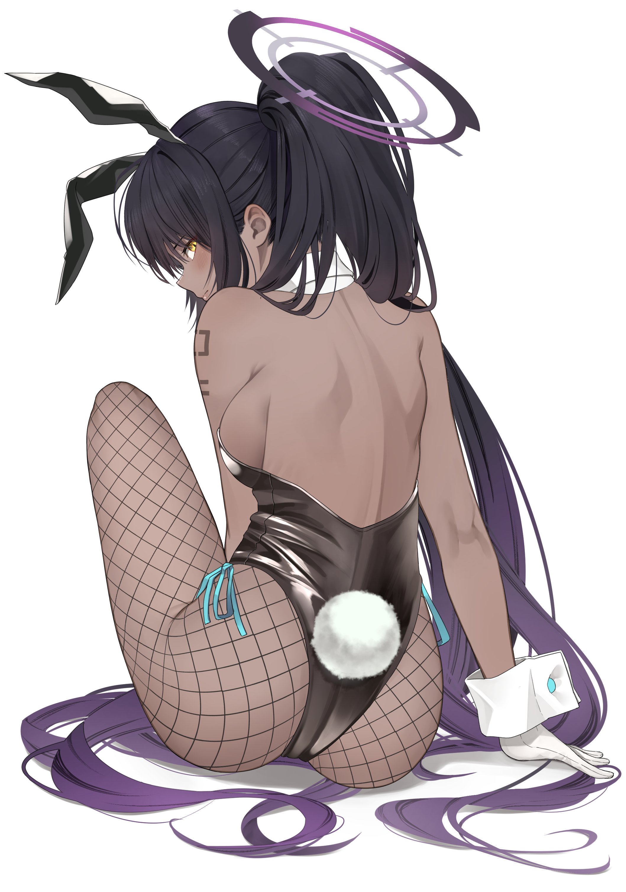 absurdres, animal ears, arm support, ass, backboob, backless leotard, bare shoulders, black hair, black leotard, blue archive, breasts, closed mouth, commentary, dark skin, dark-skinned female, detached collar, fake animal ears, fake tail, female, fishnets, from behind, gloves, gradient hair, halo, high ponytail, highleg, highleg leotard, highres, karin (blue archive), karin (bunny) (blue archive), knee up, large breasts, leotard, light blush, long hair, looking at viewer, looking back, multicolored hair, number tattoo, official alternate costume, playboy bunny, ponytail, purple hair, rabbit ears, rabbit tail, shoulder tattoo, simple background, solo, strapless, strapless leotard, tail, tattoo, very long hair, white background, white gloves, white wrist cuffs, wrist cuffs, yellow eyes, yuya (yuya illust)