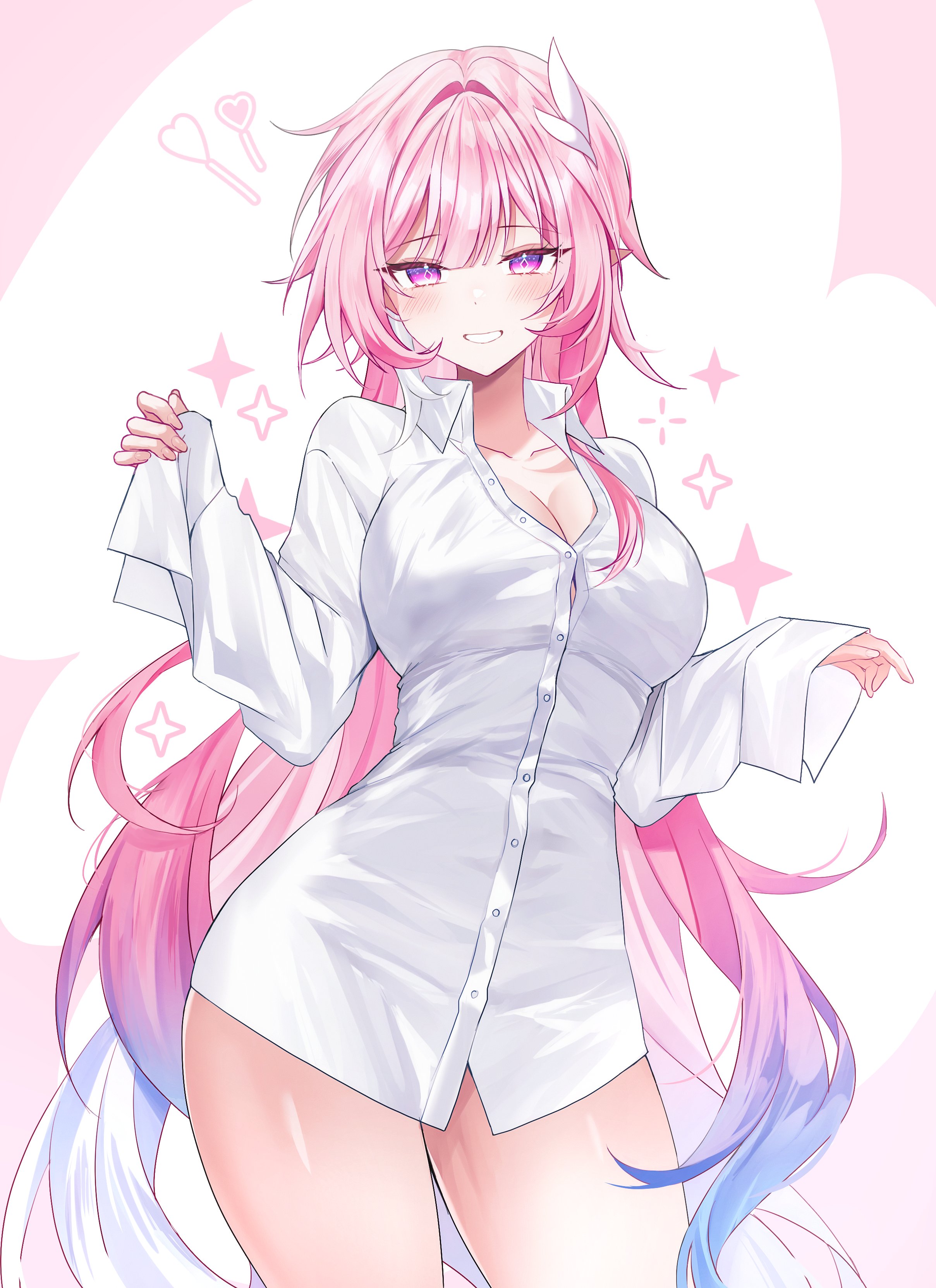 1girls, breasts, cyrene (honkai: star rail), cyrene (ripples of past reverie) (honkai: star rail), demiurge (honkai: star rail), female, hoyoverse, long hair, mihoyo, pink eyes, senoleeds, shirt only, white shirt