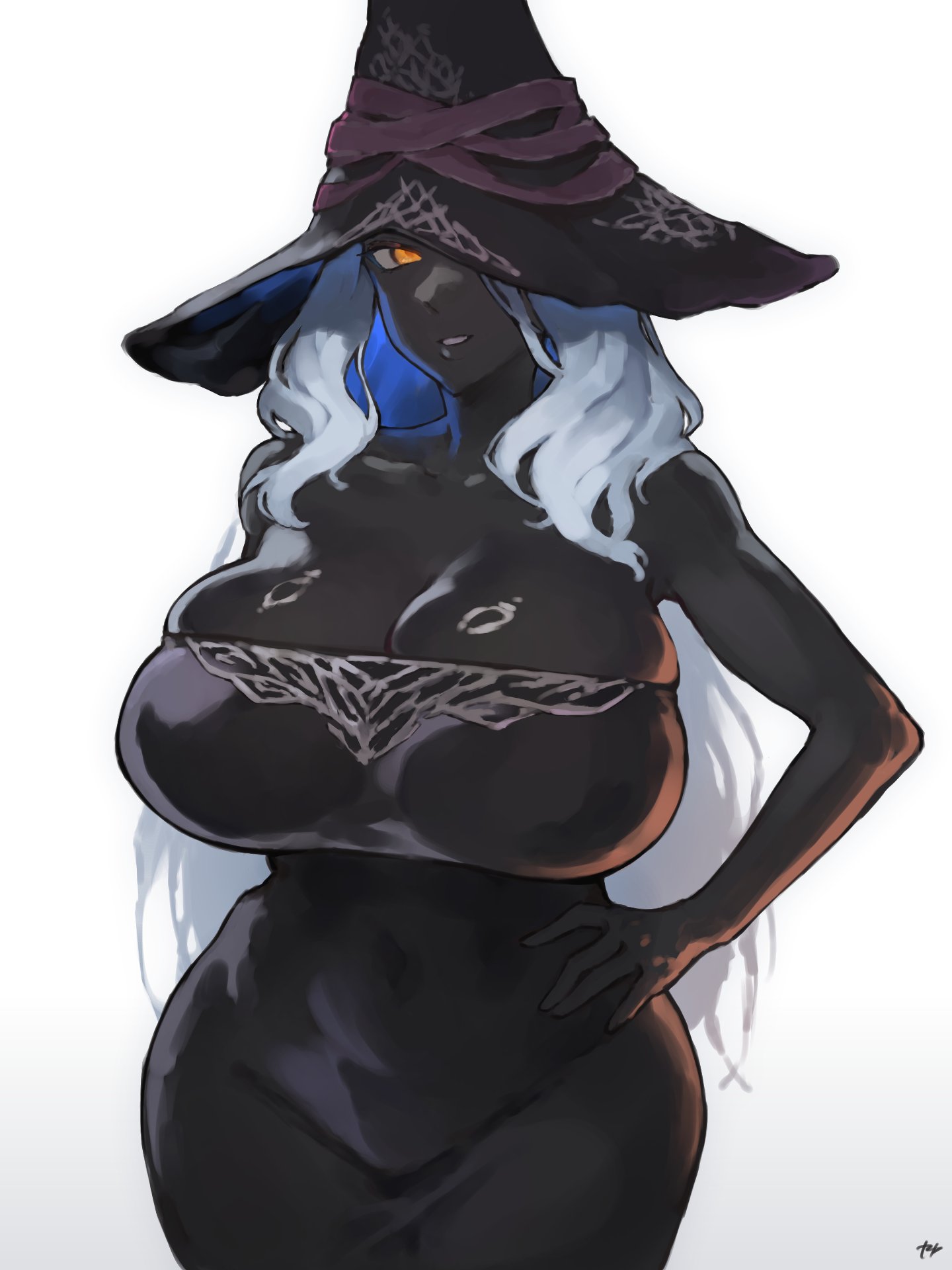 bandai namco, bare shoulders, black dress, breasts, cleavage, colored skin, cowboy shot, dark skin, dark-skinned female, dress, elden ring, elden ring nightreign, female, fromsoftware, fukuya art, hand on own hip, hat, highres, huge breasts, large hat, long hair, recluse (elden ring), recluse (nightreign), ring light reflection, skindentation, smile, solo, very long hair, white background, white hair, wide hips, witch, witch hat, yellow eyes