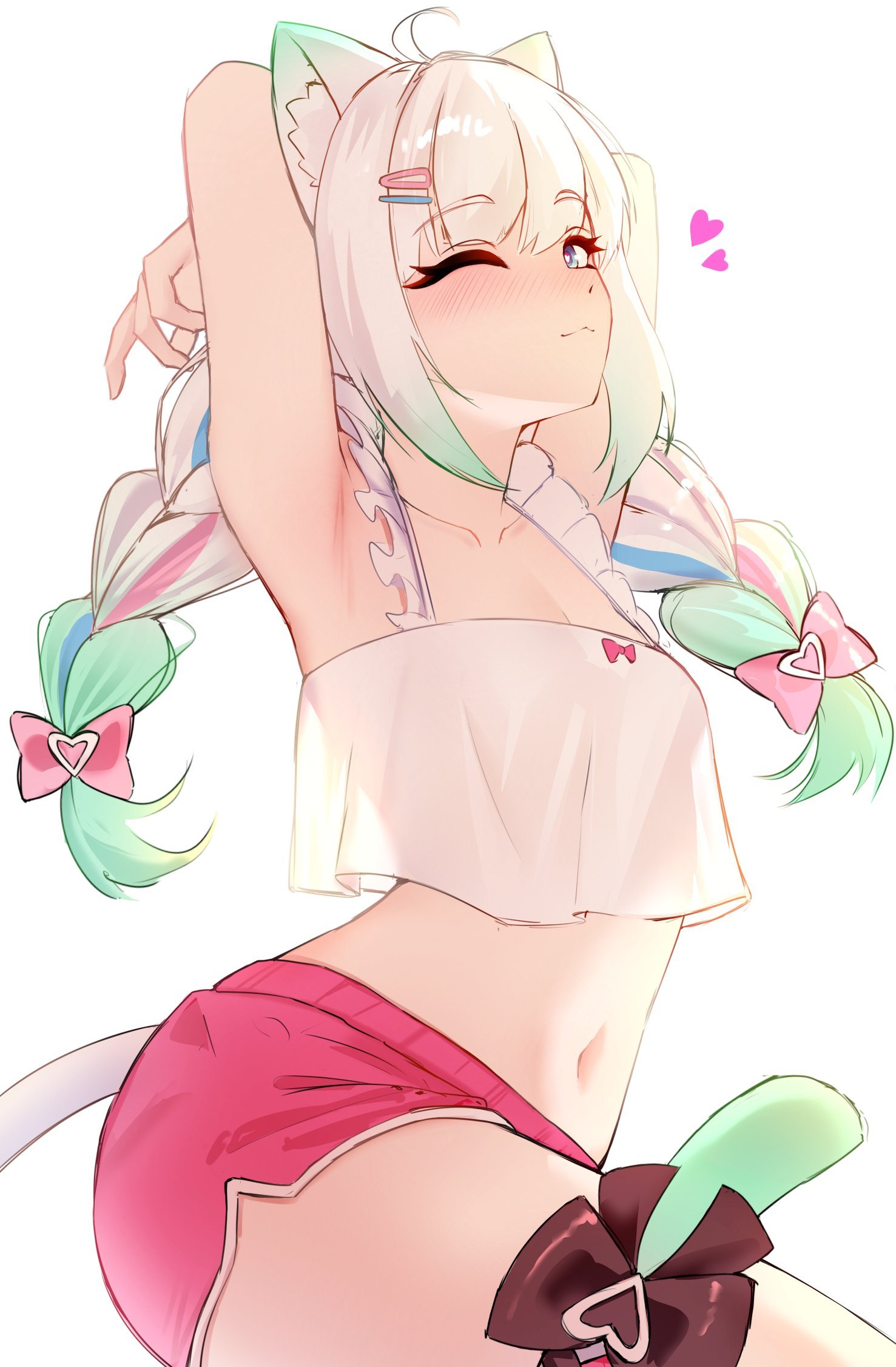1girls, breasts, cat ears, cat tail, catgirl, cgator, cleavage, densetsu.exe, female, flat chest, ghost girl, maid mint, mint fantome, mint fantome (otaku), see-through, see-through clothing, shorts, small breasts, thighs, tummy, virtual youtuber, vtuber
