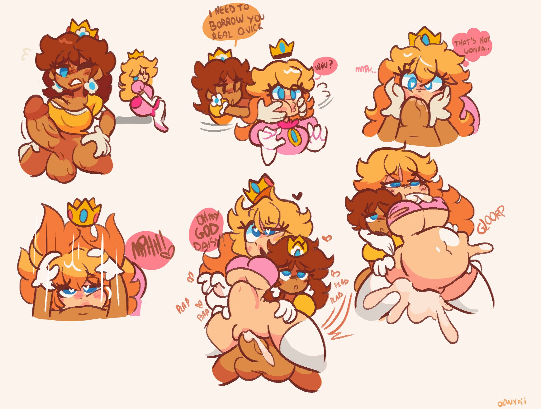 1futa, 1girls, 2d, 2d (artwork), 2d artwork, alternate skin color, artist signature, balls, big balls, big penis, blonde hair, blue eyes, bottomless, breasts, brown hair, clothed, clothed sex, clothing, cock, comic, cum, cum in mouth, cum in pussy, cum inflation, cum inside, cumflation, dark skin, dark-skinned futa, dawnpii, deepthroat, dialogue, dubious consent, duo, ejaculation, english, english text, erection, face fucking, female, forced, futa on female, futa with female, futanari, huge cock, human, inflation, interracial, intersex, leaking cum, light skin, light-skinned female, mario (series), medium breasts, nintendo, orgasm, pale skin, partially clothed, penis, pent up, princess, princess daisy, princess peach, pussy, ripped clothing, rough sex, royalty, sex, stomach bulge, tan skin, testicles, text, through clothes, torn clothes, underboob, veiny penis, yuri