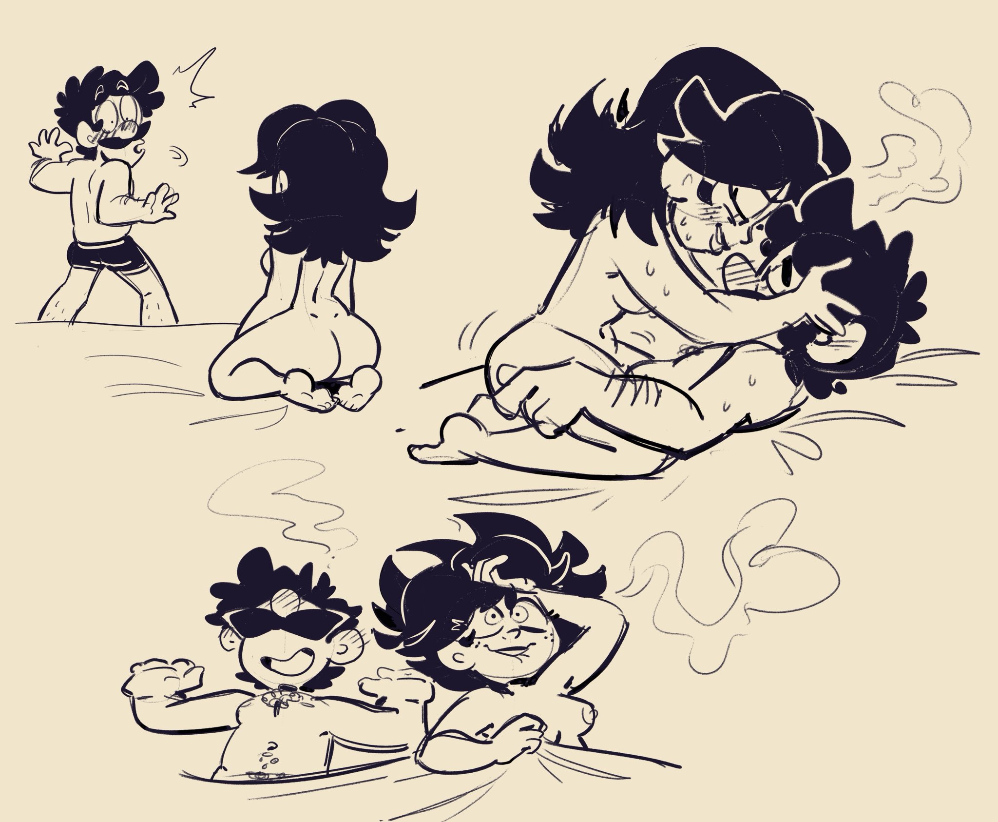 1boy, 1girls, after sex, arm hair, ass, bed, black hair, body hair, breasts, colorless, couple, duo, facial hair, female, hands on head, human, human female, ilikeluigibooty, looking at another, luigi, lying on back, lying on bed, male, male/female, mario (series), mature, mature female, mature male, monochrome, nintendo, nipples, open mouth, passed out, princess, princess daisy, royalty, sex, simple background, soles, straight, straight sex, tomboy