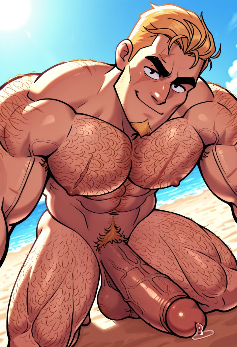 ai, ai generated, bara, beach, beefy, big penis, blonde hair, brawl stars, chest hair, civitai, daddy, dilf, dynamic angle, dynamic pose, facial hair, gay, gay male, goatee, grom (brawl stars), hairy, hairy body, hairy male, huge cock, hunk, kneeling, large arms, large muscles, large pectorals, large penis, male, male focus, male only, masculine, muscles, muscular, muscular male, outdoors, penis, scar across eye, smirk, solo male, thick eyebrows, yaoi