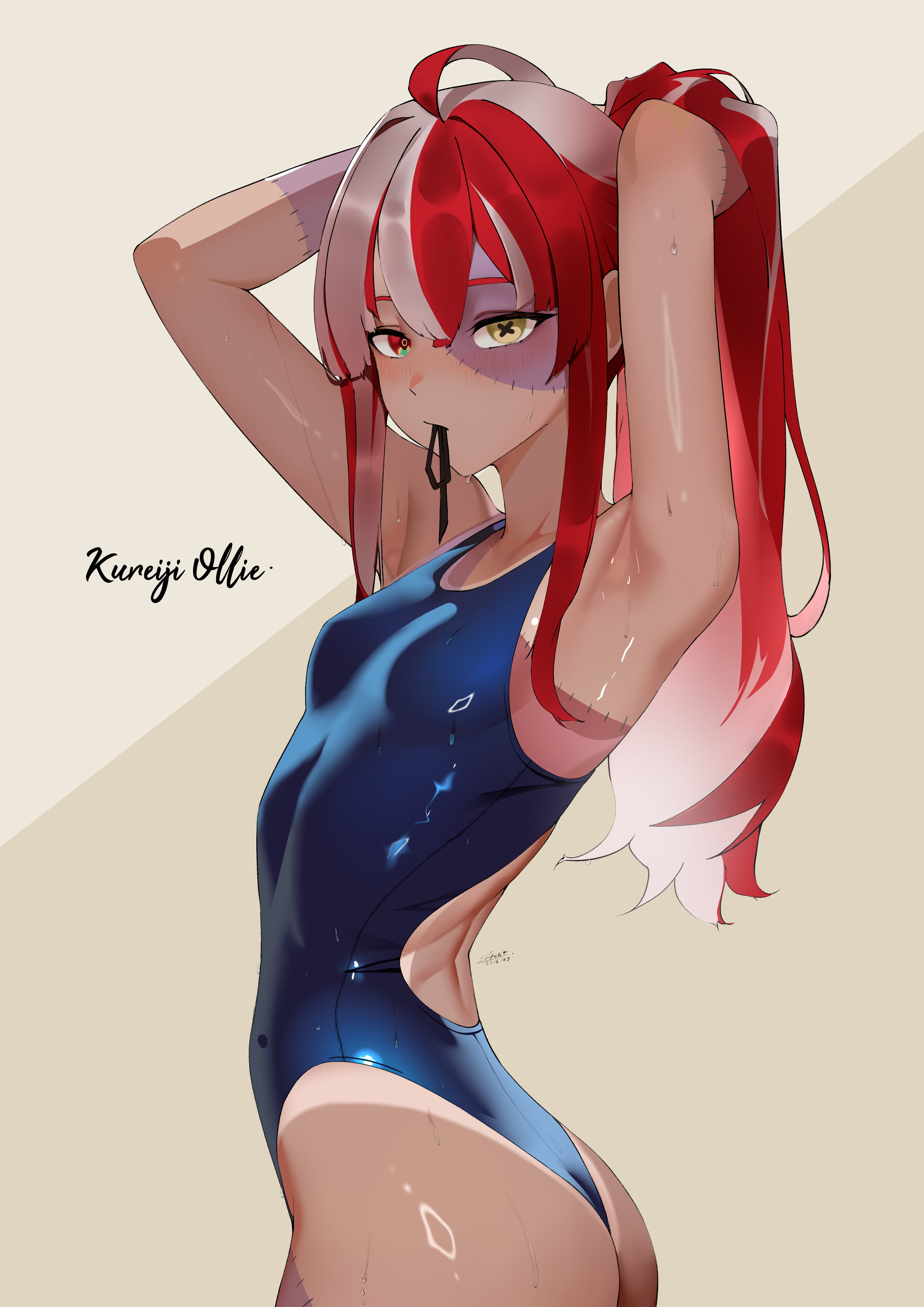absurdres, alternate costume, alternate hairstyle, aou13093, armpits, arms behind head, ass, blue one-piece swimsuit, breasts, character name, colored skin, competition swimsuit, cowboy shot, curvy, double-parted bangs, female, grey background, highleg, highleg one-piece swimsuit, highres, hololive, hololive indonesia, hololive indonesia holoro, kureiji ollie, long hair, looking at viewer, making-of available, mismatched eyes, mouth hold, multicolored hair, multicolored skin, one-piece swimsuit, patchwork skin, red hair, ribbon, ribbon in mouth, sidelocks, small breasts, solo, stitches, swimsuit, tan, tanline, two-tone background, two-tone hair, two-tone skin, virtual youtuber, wet, white hair, wide hips, zombie