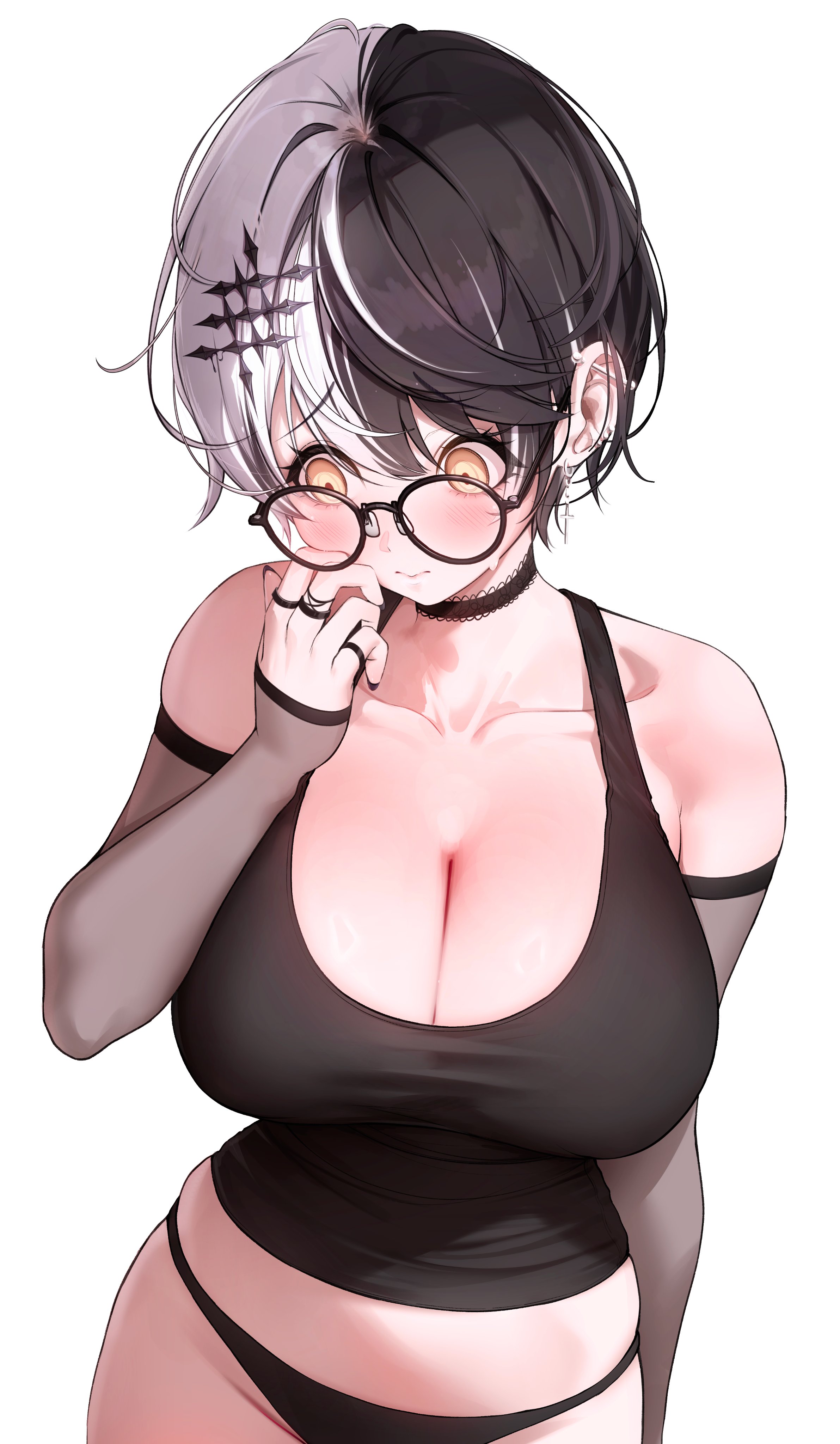 absurdres, alternate costume, alternate hair length, alternate hairstyle, averting eyes, barbell piercing, black choker, black hair, black nails, black panties, black tank top, blush, breasts, choker, cleavage, closed mouth, commentary, detached sleeves, ear piercing, earrings, english commentary, female, glasses, grey hair, hair ornament, hand up, highres, hololive, hololive english, hololive english -advent-, industrial piercing, jewelry, lace trim, lace-trimmed choker, large breasts, looking down, messy hair, midriff, multicolored hair, nail polish, no pants, panties, piercing, prab, round eyewear, shiori novella, short hair, simple background, solo, split-color hair, tank top, two-tone hair, underwear, virtual youtuber, white background, yellow eyes