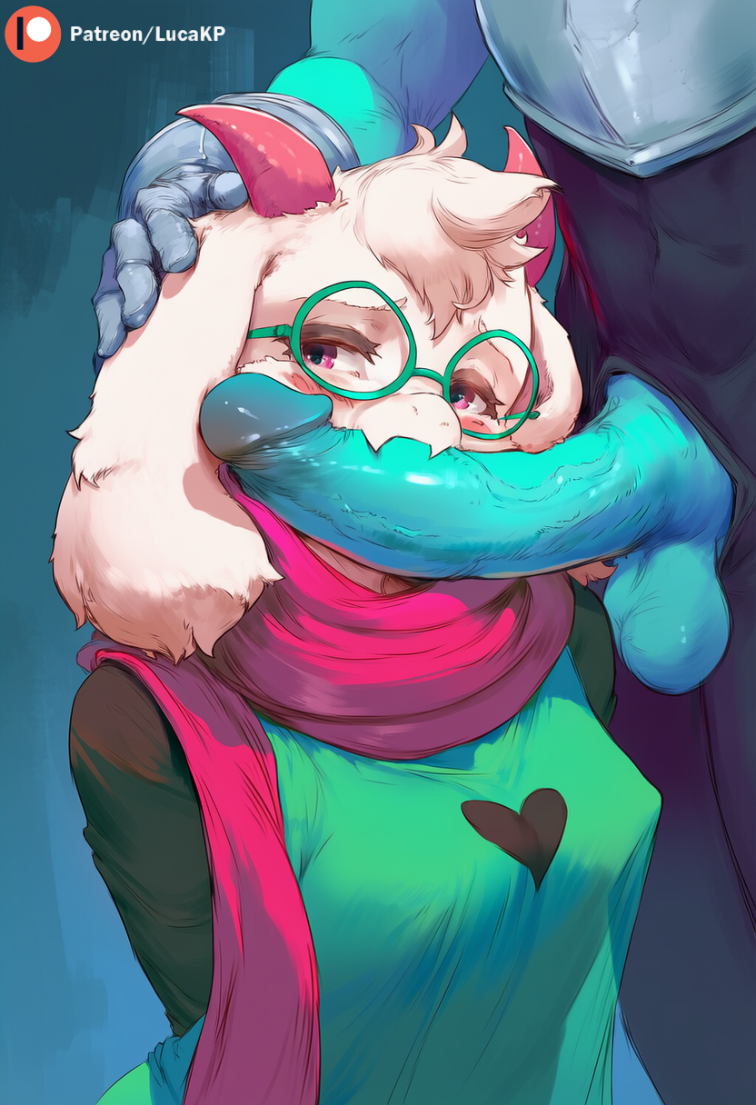 1boy, 1girls, ai generated, anthro, anthro on human, blue body, blush, clothed, deltarune, female, fur, furry, glasses, goat, goat horns, hand on head, imminent oral, kris (deltarune), large penis, lucakp, patreon, patreon link, patreon logo, patreon reward, patreon url, patreon username, penis, ralsei, ralsei (female), ralsei with white fur, scarf, shy, tagme, testicles, veiny penis