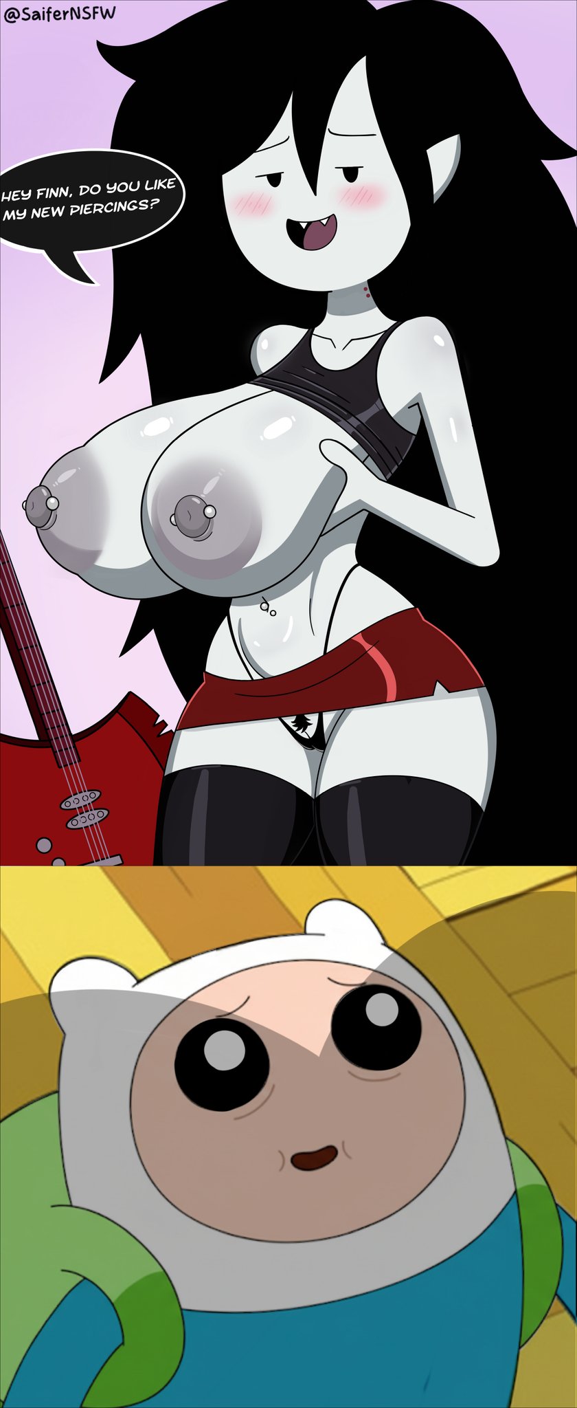 1boy, 1girls, accurate art style, adventure time, alternate version available, areolae, backpack, bag, bass guitar, belly button, belly piercing, big breasts, black hair, blush, breast awe, breast shadow, breasts, cartoon network, clothed, clothing, color, dialogue, edit, female, finn the human, funny, grey body, hand on breast, huge breasts, human, humor, long hair, looking at breasts, looking at viewer, male, marceline, marceline abadeer, meme, nipple piercing, nipples, nude, nude female, pale skin, panties, pierced belly button, pink background, pointy ears, pubes, pubic hair, pussy, pussy peek, saifernsfw, shadow, sharp teeth, shirt, shirt lift, sketch, skirt, slim waist, smile, smiling, smiling at viewer, solo, stockings, tagme, teeth, text, text bubble, tongue, vagina, vampire, vampire girl