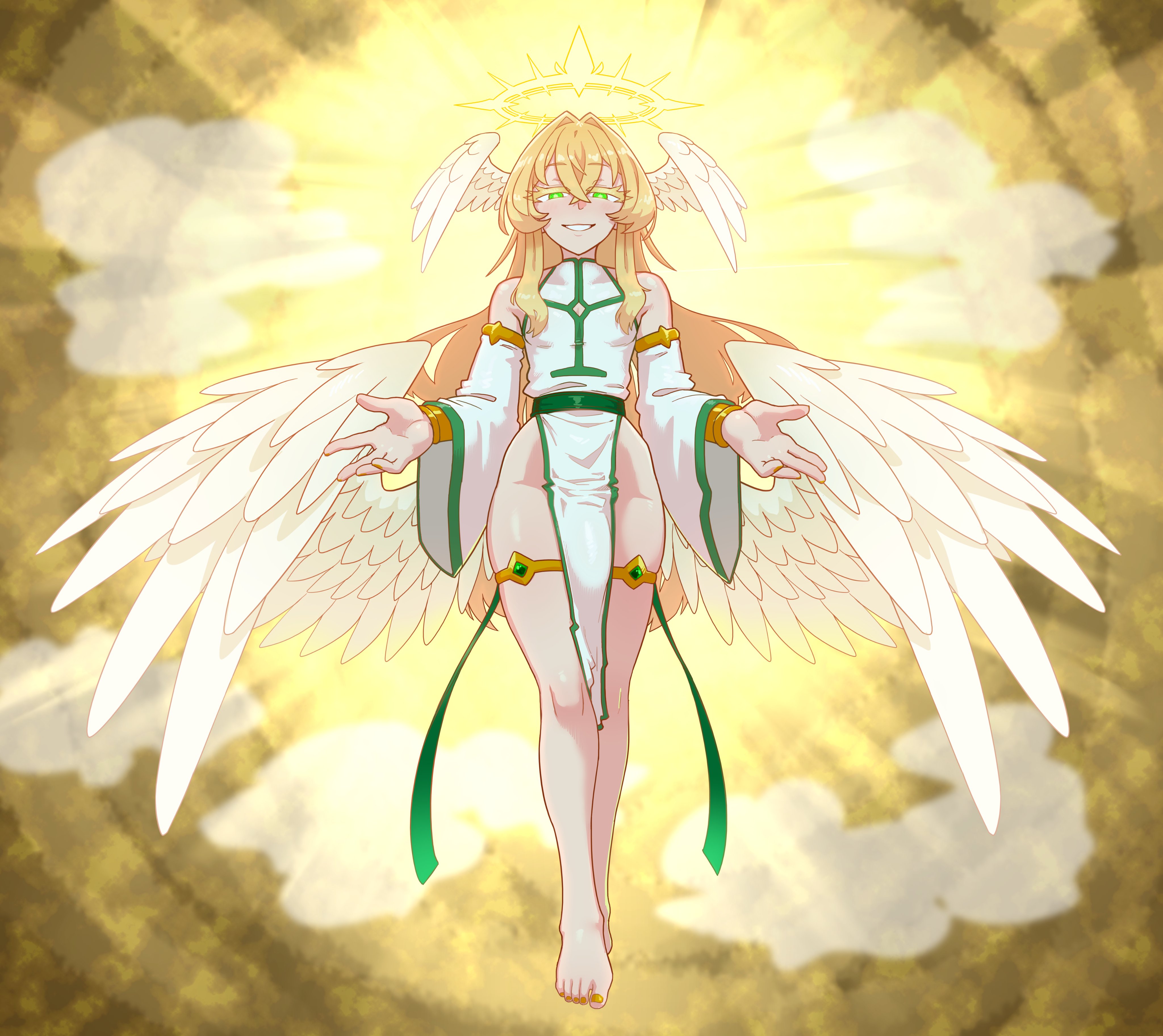 barefoot, blonde hair, bulge, femboy, green eyes, halo, holy, long hair, long hair male, male, robe, thetenk, white feathers, wings, wings on head