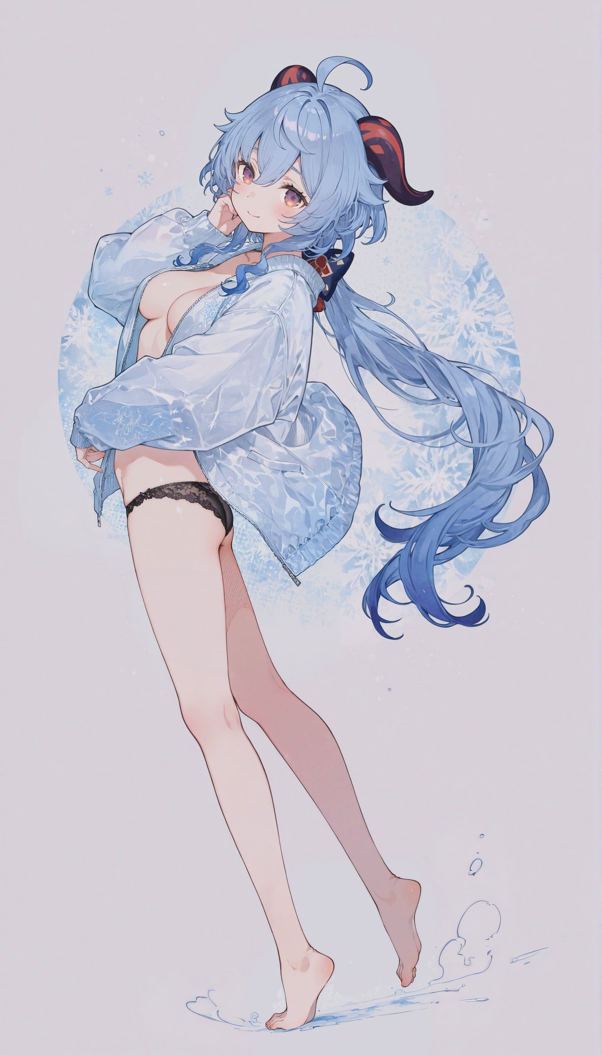 1girls, black lingerie, blue hair, breasts, enji sola, exposed breasts, female, ganyu (genshin impact), genshin impact, goat horns, hoyoverse, lingerie, mihoyo, multicolored hair