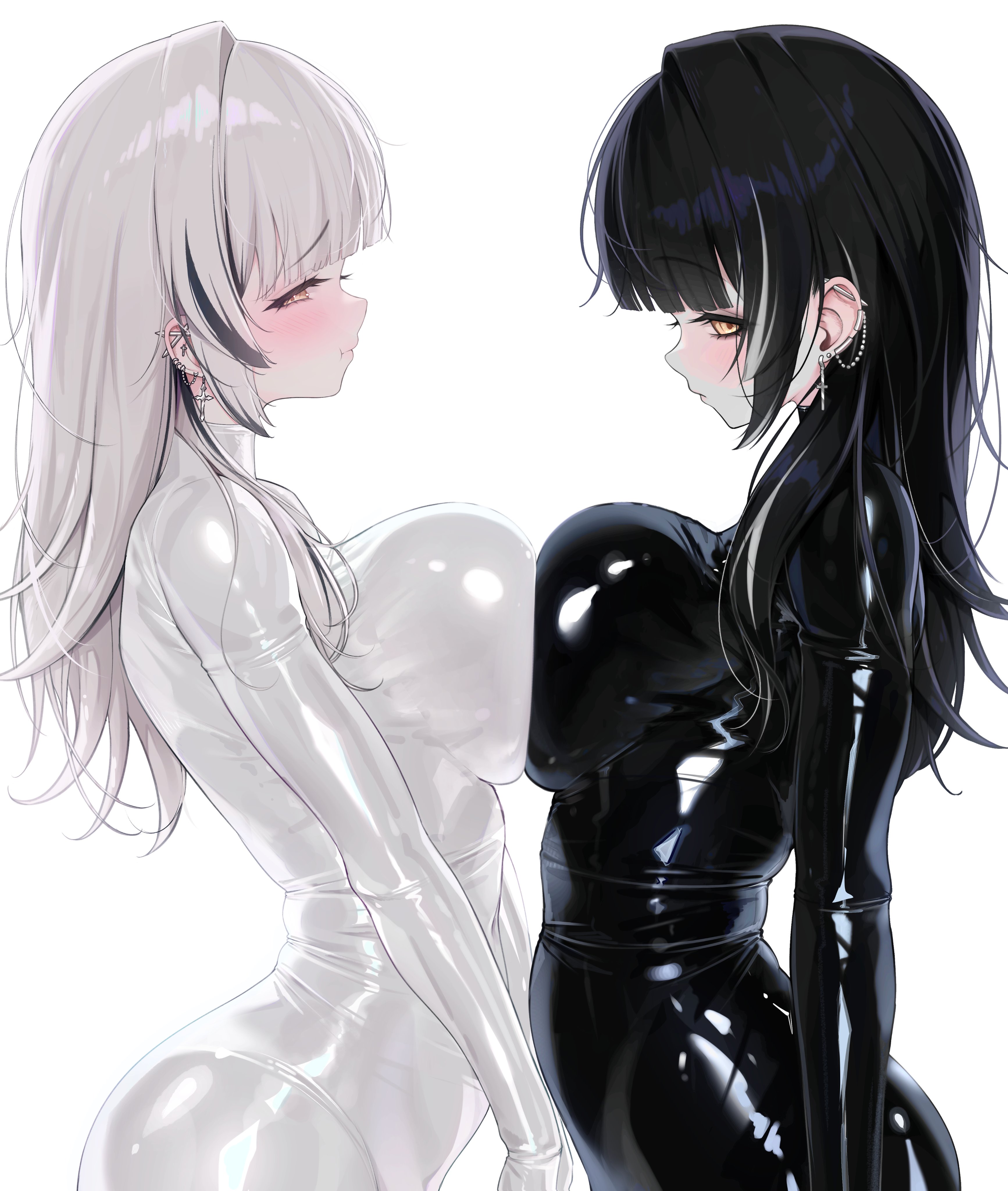 absurdres, akiman pose, alternate costume, barbell piercing, black bodysuit, black hair, blunt bangs, blush, bodysuit, breast press, breasts, chain earrings, chains, closed mouth, covered navel, cross, cross earrings, dual persona, ear piercing, earclip, earrings, expressionless, female, from side, highres, hololive, hololive english, hololive english -advent-, huge breasts, industrial piercing, jewelry, latex, latex bodysuit, long hair, looking at viewer, messy hair, multicolored hair, piercing, polar opposites, pout, prab, shiori novella, simple background, skin tight, streaked hair, symmetrical docking, symmetry, virtual youtuber, white background, white bodysuit, white hair, yellow eyes