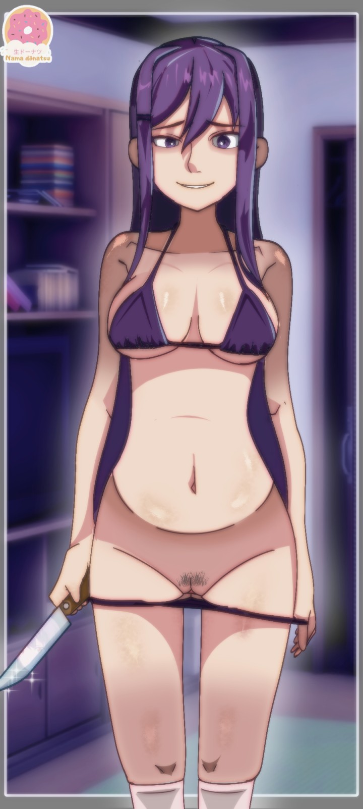 1girls, 2d, 2d (artwork), alternate version at source, bikini, bikini bottom, bikini bottom down, bikini top, ddlc, doki doki literature club, female, female pubic hair, holding knife, knife, pubic hair, purple bikini, purple hair, purple hair female, purple-haired female, pussy, pussy peek, socks, tagme, vagina, yandere, yuri (doki doki literature club), 生ドーナツ donatsu