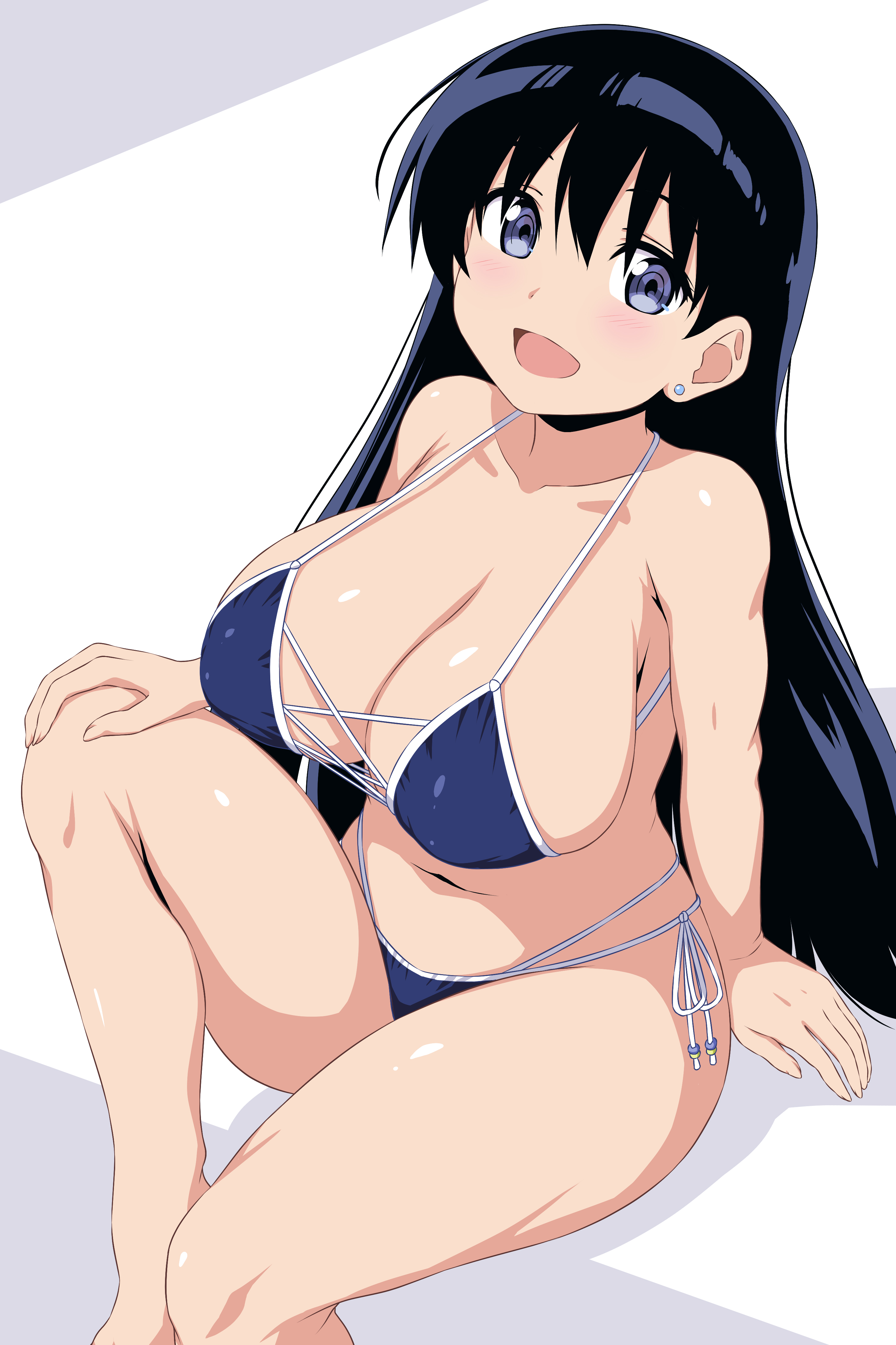 absurdres, arato nagi, bare shoulders, bikini, black hair, blue bikini, blue eyes, breasts, cleavage, cross-laced bikini, cross-laced clothes, curvy, earrings, female, hand on own knee, highres, huge breasts, jewelry, long hair, looking at viewer, midriff, multi-strapped bikini bottom, navel, nori tamago, open mouth, ruri no houseki, side-tie bikini bottom, sitting, smile, solo, stud earrings, swimsuit, thighs
