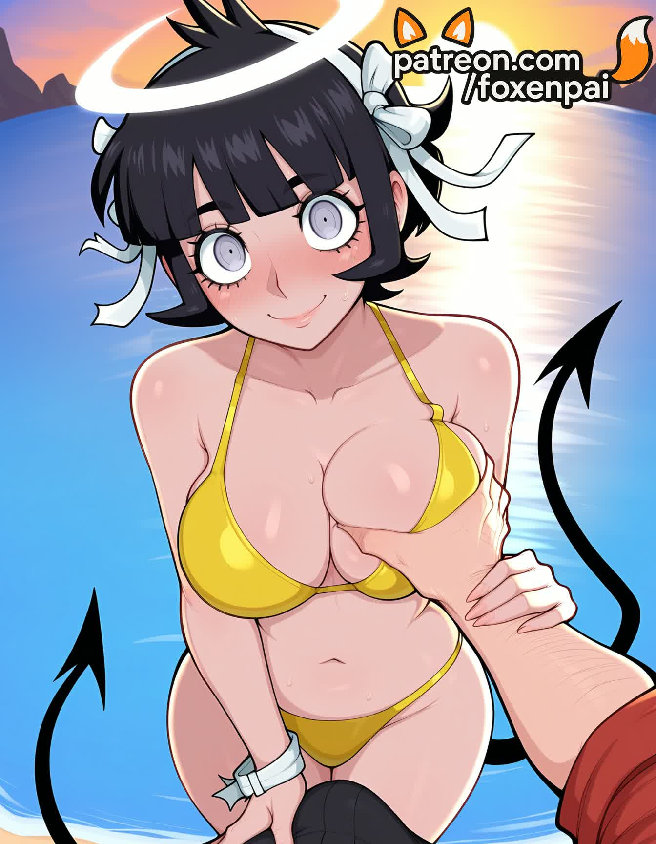 1boy, 1futa, 2025, ai generated, angel, artist name, azazel (helltaker), beach, big breasts, big chest, bikini, black hair, blue sky, blush, breast grab, breasts, bust, busty, chest, cloud, collarbone, cow tail, day, demon tail, foxenpai, futanari, grabbing, guided breast grab, halo, heart tail, helltaker, hi res, high quality, high resolution, highres, horizon, intersex, large breasts, male, navel, ocean, outdoors, patreon, patreon username, ribbon, short hair, sky, smile, solo focus, stable diffusion, sweat, swimsuit, tail, watermark, white ribbon, yellow bikini