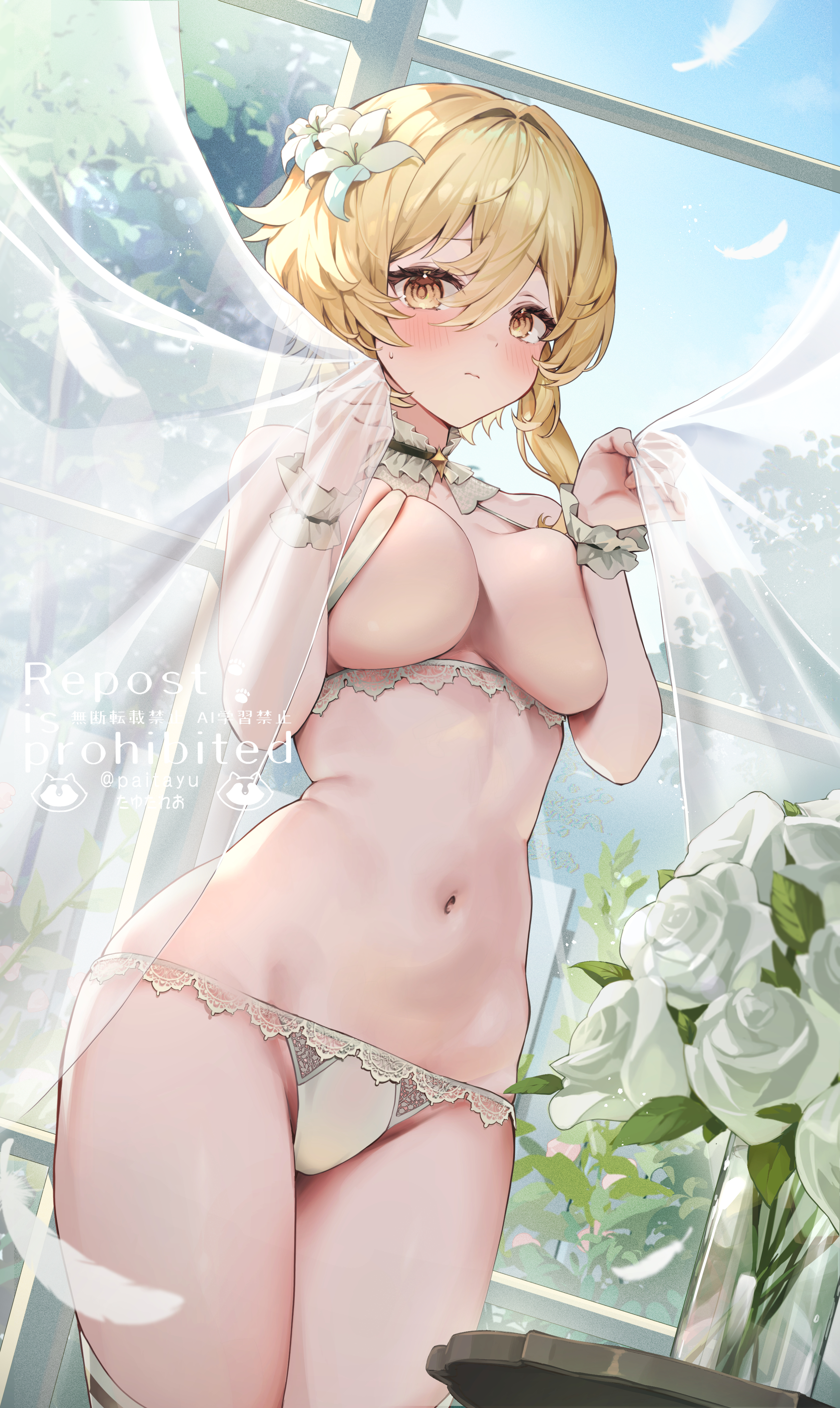 absurdres, alternate costume, blonde hair, blue sky, blush, breast press, breasts, curtain grab, curtains, day, dutch angle, female, flower, genshin impact, green panties, hair between eyes, hair flower, hair ornament, hands up, highres, indoors, lace, lace trim, lace-trimmed panties, large breasts, looking at viewer, lumine (genshin impact), navel, panties, pi tayuko, scrunchie, short hair with long locks, sky, solo, stomach, sweatdrop, underwear, underwear only, watermark, white flower, wrist scrunchie, yellow eyes
