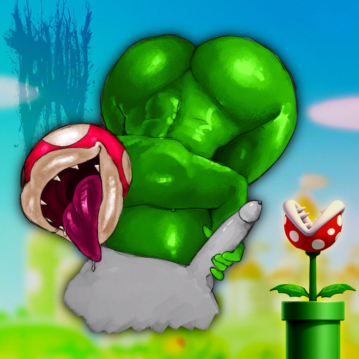 1girls, 2025, 2d, 2d (artwork), big ass, big breasts, breasts, female, green body, green skin, grey body, grey skin, handjob, huge ass, huge breasts, lips, mario (series), no eyes, piranha plant, rule 63, saliva, super mario bros., tongue, tongue out, zerunox