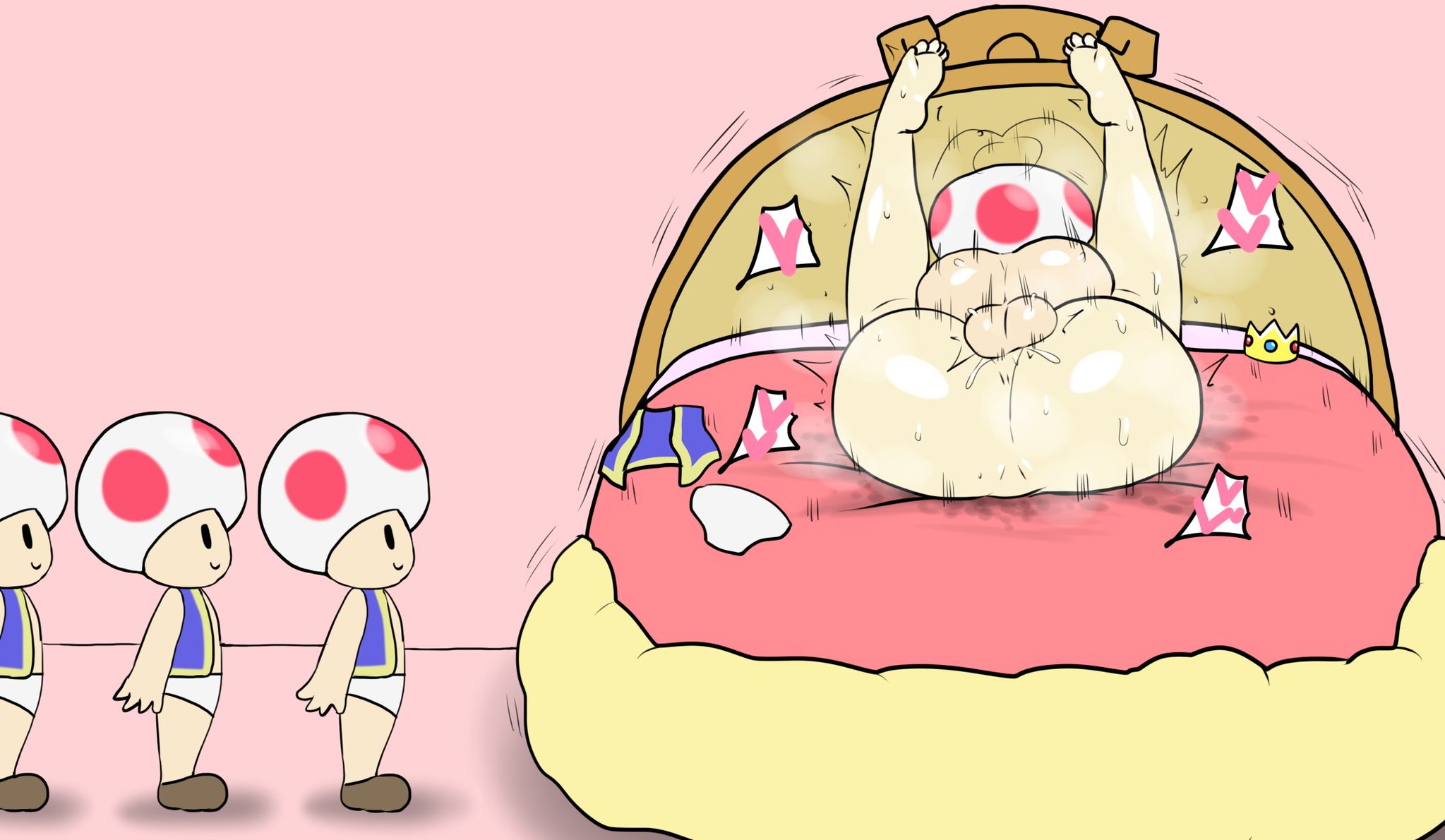 1female, 1females, 1girls, 1woman, 2d, 2d (artwork), 4 fingers, 4boys, balls, bed, bedroom, bedroom sex, clothed, clothed male, clothes removed, clothing, clothing removed, enigi09, female, giantess, large female, legs, legs up, line up, male, mario (series), mating press, mini giantess, movement lines, multicolored bed, multiple boys, multiple males, mushroom head, naked, naked female, naked female naked male, naked male, nintendo, nude, nude female, nude male, nude male nude female, penis, penis in pussy, pink background, princess peach, pussy, red dot, running a train, sex, sex slave, simple background, small dom big sub, smaller male, smaller male larger female, sweat, sweating, toad (mario), toes, video game, video game character, video games, woman
