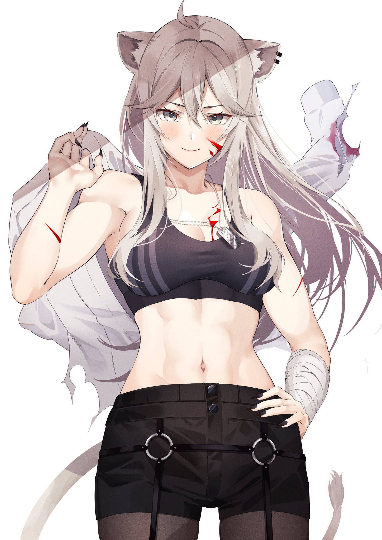 abs, ahoge, animal ear fluff, animal ears, bandaged arm, bandages, black nails, black pantyhose, black shorts, black sports bra, blood, blood on face, breasts, commentary request, cowboy shot, dog tags, ear piercing, female, fingernails, grey eyes, grey hair, hair between eyes, hand on own hip, highres, holding, holding shirt, holding unworn clothes, hololive, hololive gen 5, hololive japan, injury, lion ears, lion girl, lion tail, long fingernails, long hair, looking at viewer, medium breasts, midriff, nail polish, navel, official alternate costume, pantyhose, piercing, sharp fingernails, shirt, shishiro botan, shishiro botan (button-down), short shorts, shorts, simple background, smile, solo, sports bra, standing, tail, unworn shirt, virtual youtuber, white background, white shirt, yuya (yuya illust)