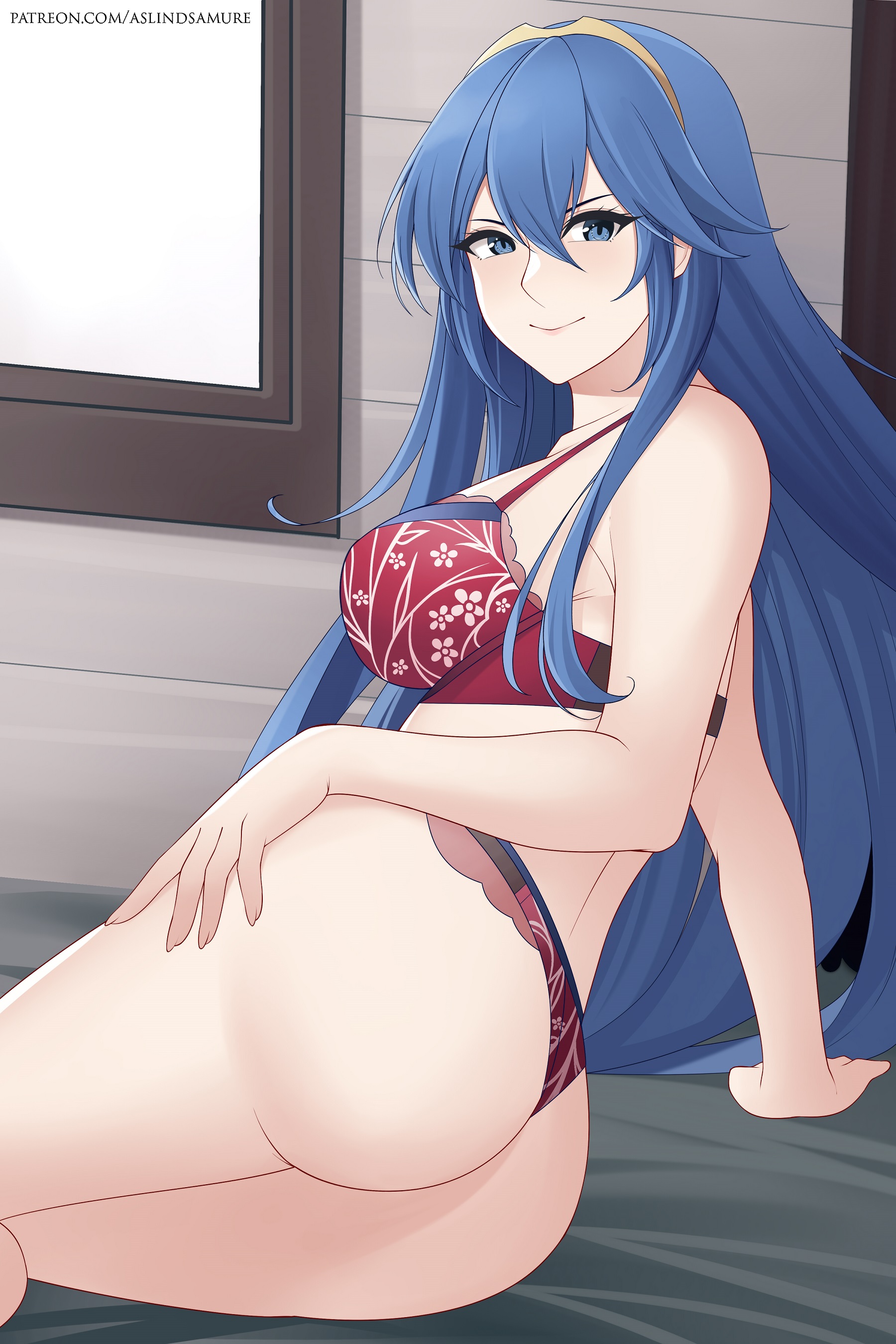 1girls, areolae, aslindsamure, ass, back, back view, bangs, bed, blue eyes, blue hair, bra, bra strap, breasts, collarbone, female, female only, fire emblem, fire emblem awakening, floral print, gold, hand on thigh, large ass, large breasts, leaning on hand, legs, legs together, lingerie, long blue hair, long hair, looking at viewer, lucina (fire emblem), nintendo, panties, red panties, sideboob, sitting, sitting on bed, smile, smiling at viewer, solo, tiara, underwear, very long hair, window
