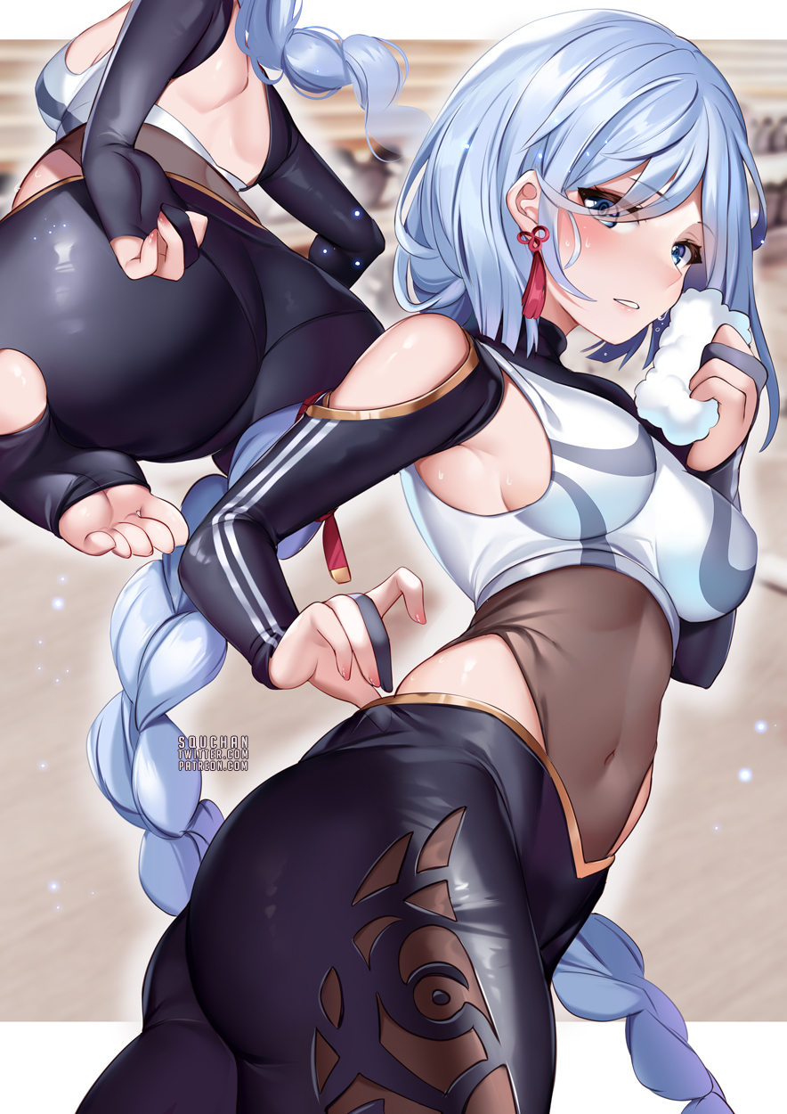 1girls, 2koma, abs, absurd res, ass, back, back view, backboob, belly button, big ass, big breasts, big butt, black bodysuit, black leggings, blue eyes, blue hair, blush, bodysuit, breasts, detailed background, earrings, fat ass, feet, female, from behind, genshin impact, gym clothes, hair over one eye, hi res, highres, hips, huge ass, huge breasts, huge butt, large ass, large breasts, leggings, leotard, looking at viewer, looking back, midriff, on knees, panties, pantylines, see-through, see-through clothing, shenhe (genshin impact), side view, sideboob, silver hair, sitting, soles, solo, sportswear, spsmallorts bra, squchan, sweat, sweatdrop, sweaty, tagme, thick, thick ass, thick thighs, thighs, tight clothing, toes, waist, white hair, wide hips, workout