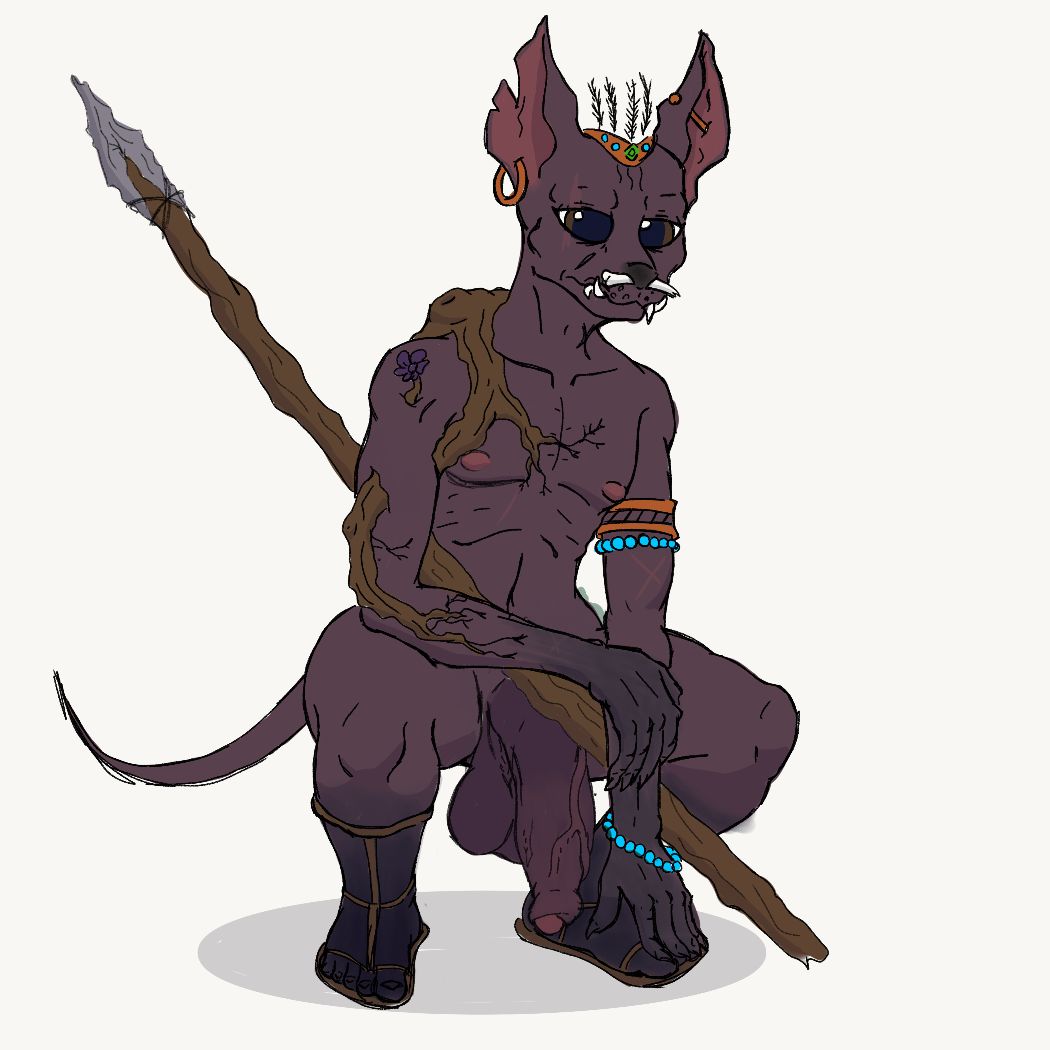 1:1 anthro balls beads circlet clothing crouching darkened_genitalia ear_piercing facial_piercing footwear foreskin genitals gruk_(quidhansed) hairless_fox male melee_weapon nipples nose_piercing penis piercing polearm quidhansed saggy_balls sandals scar solo spear teeth_visible tribal vulpkin weapon