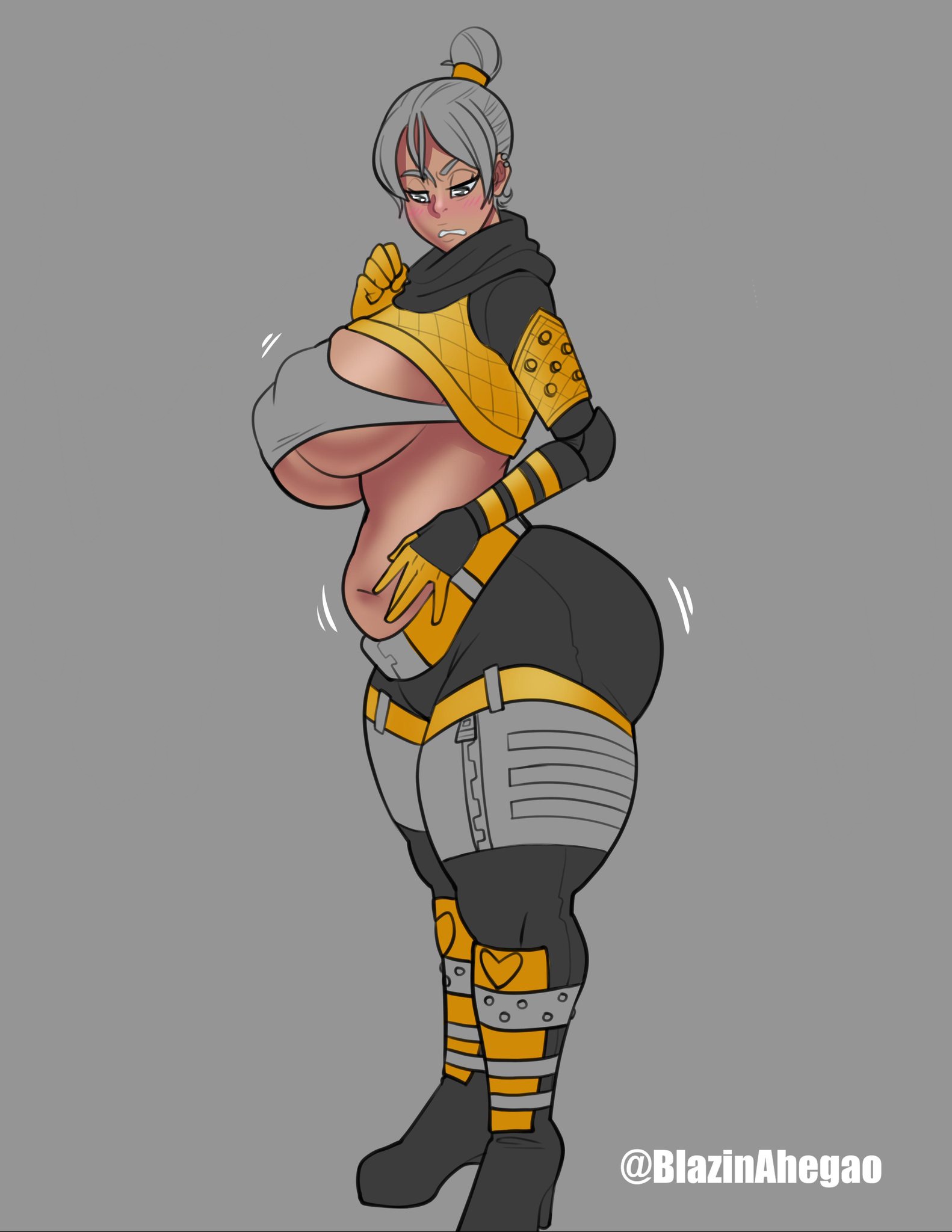 2d, about to burst, angry, angry face, apex legends, ass, ass expansion, ass too big, barely contained, barely contained ass, barely contained breasts, barely fits, big ass, big breasts, big butt, blazinahegao, blush, blush lines, blushing, breast expansion, breast growth, breast growth (enlargement), breasts, breasts out, breasts too big, bursting breasts, bursting butt, curvy female, curvy hips, curvy milf, female, growth, imminent wardrobe malfunction, inconvenient ass, inconvenient belly, inconvenient breasts, inconvenient butt, inconvenient stomach, looking down, looking down at self, nipple bulge, nipples visible through clothing, simple background, slightly chubby, slightly chubby female, straining clothing, stretched clothing, supersuit, thick, thick ass, thick thighs, thighs, tight clothes, tight clothing, tight fit, tight pants, tight suit, tight supersuit, too tight, undersized clothes, undersized clothing, wardrobe malfunction, wide hipped female, wide hips, wraith (apex legends)