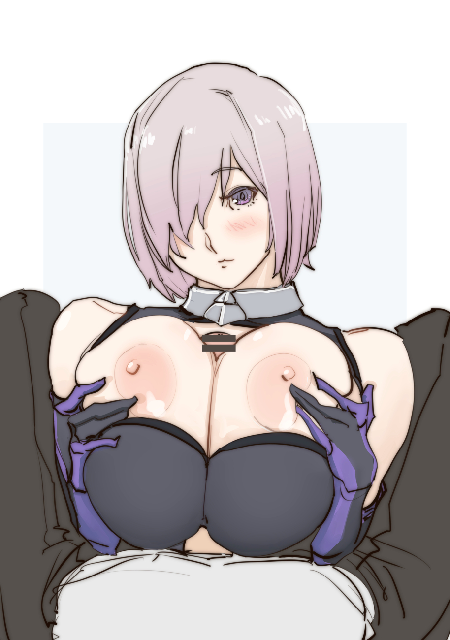 1boy, 1girls, amanda kenny, bar censor, blush, blushing, breasts, censor bar, censored, fate (series), fate/grand order, female, gloves, large breasts, male, mash kyrielight, paizuri, partial male, penis, pink eyes, pink hair
