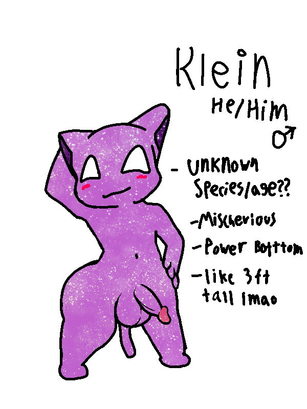 3:4 anthro ass balls big_balls big_butt blush domestic_cat english_text felid feline felis genitals klein_(umbrakinetic) male mammal model_sheet no_pupils paint pose shortstack smile solo text thick_thighs umbrakinetic unknown_species