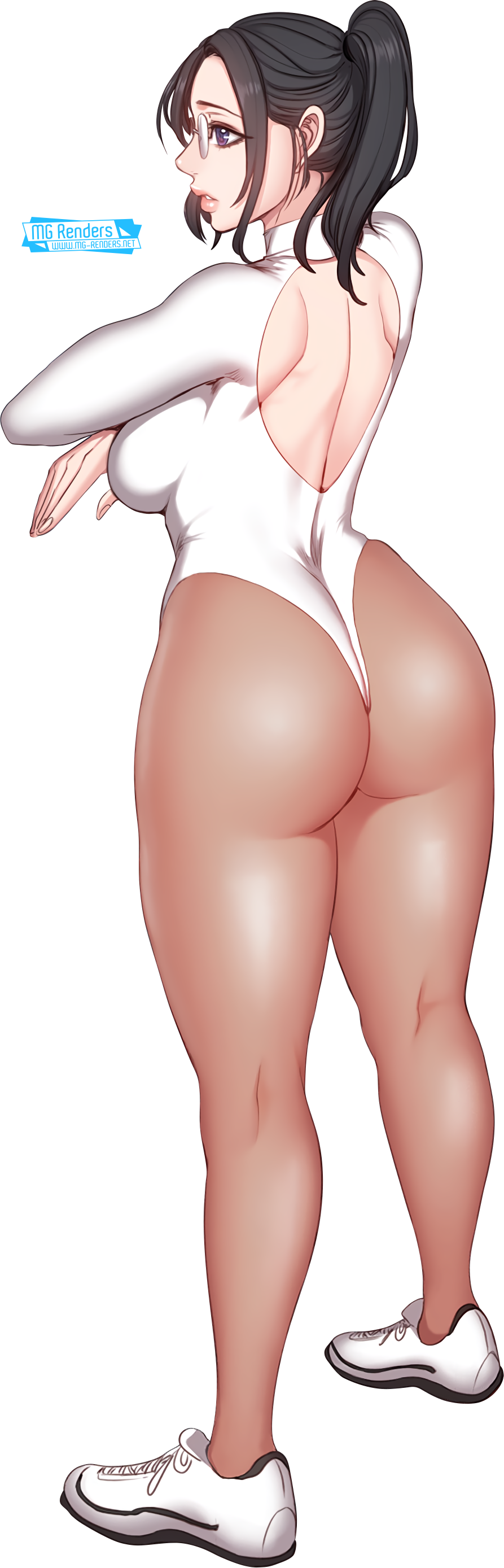 black_hair child_bearing_hips fitness_(series) g.ho glasses kim_seon_joo_(fitness) large_ass leotard long_sleeve_leotard manhwa mg_renders pantyhose ponytail render skin_tight solo_female thick_thighs transparent_background white_leotard workout_clothes