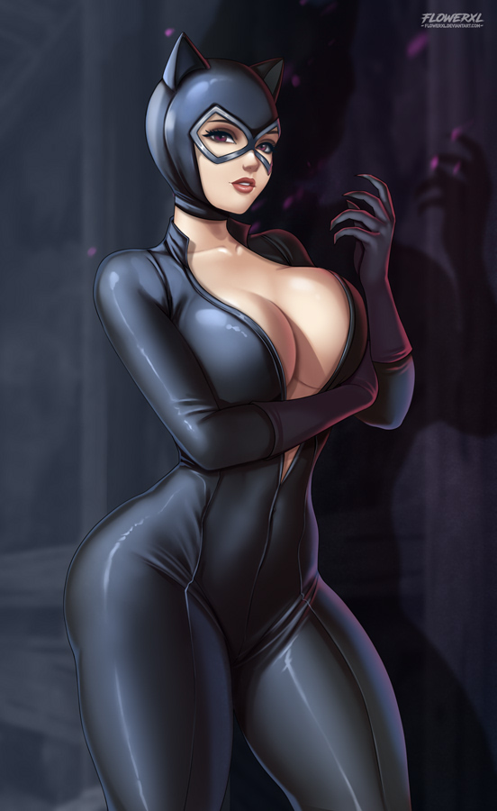 1girls, batman (series), big breasts, bodysuit, breasts, catwoman, cleavage, dc, dc comics, female, female only, flowerxl, large breasts, selina kyle, solo, thick thighs, wide hips