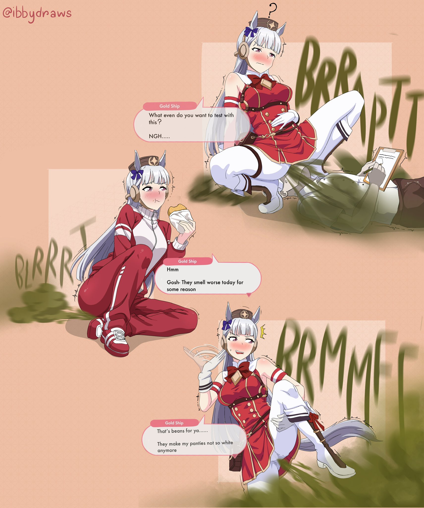 boner in pants, enjoying farts, eproctophillia, face fart, face farting, fair skin, fair-skinned female, fanning self, fart, fart cloud, fart fetish, fart ripple, farting, farting in face, farting on face, female, fetish, fully clothed, gold ship (umamusume), hat, headphones, horse ears, horse ears girl, horse girl, horse humanoid, horse tail, ibbydraws, male, no background, purple eyes, red shirt, simple background, umamusume, umamusume pretty derby, white hair, white tail