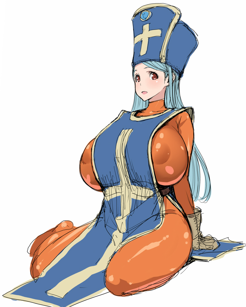 1girls 2013 4:5 :d blue_hair bodysuit breasts brown_gloves clothing cross dragon_quest dragon_quest_iii female female_only full_body gloves hat highres huge_breasts jewelry large_breasts leaning_back long_hair looking_at_viewer mitre nipple_bulge nun open_mouth orange_bodysuit poin priest priest_(dq3) red_eyes simple_background sitting skin_tight smile solo tabard thick_thighs thighs tongue white_background yokozuwari