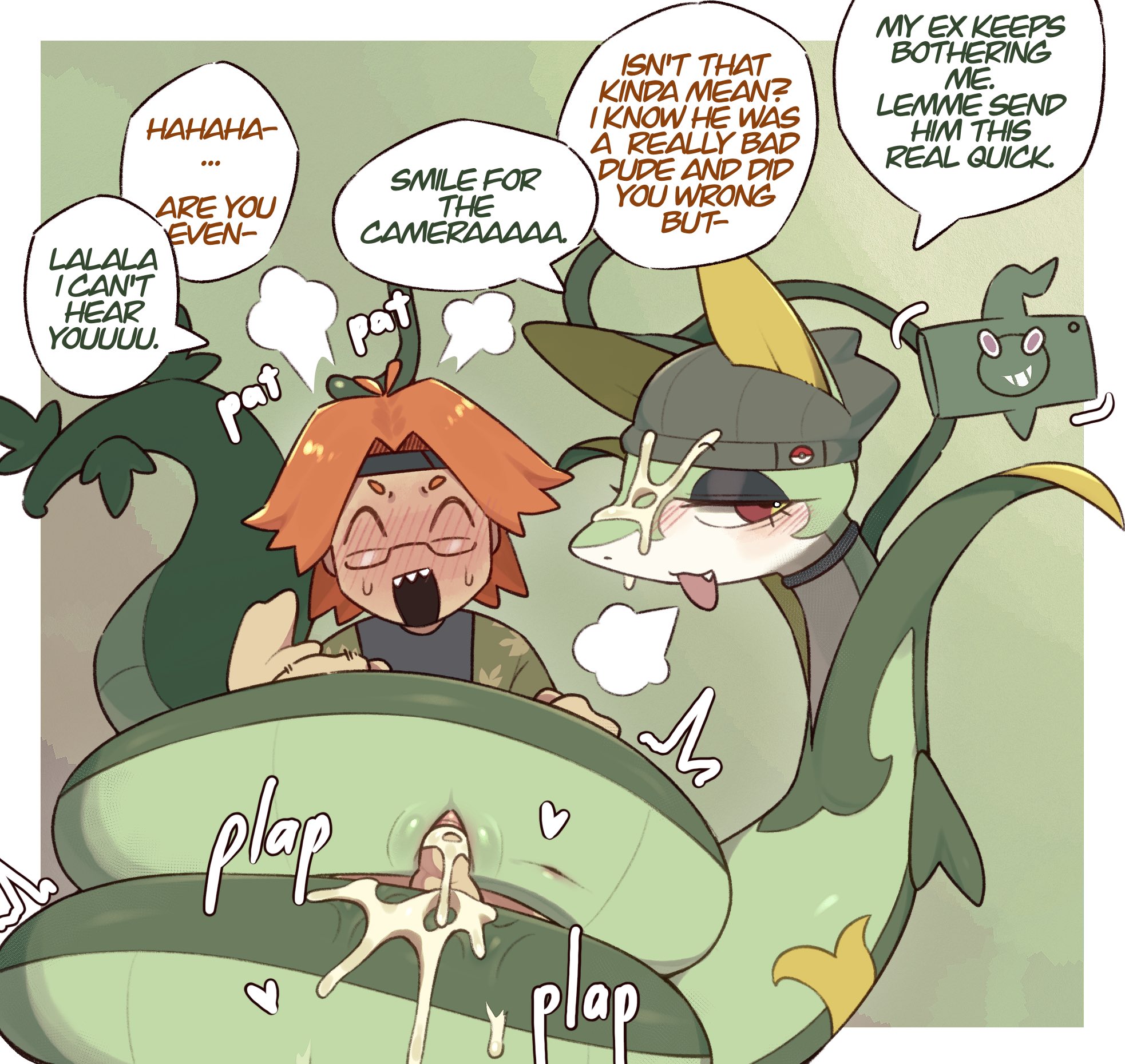 1boy, 1female, blush, choker, coiling, cum, cum in pussy, cum inside, dialogue, english text, female, feral penetrated, generation 5 pokemon, glasses, hat, heavy blush, hi res, human, human on feral, male, male on feral, male penetrating feral, narrowed eyes, nintendo, open mouth, orange hair, penetration, penis, pokemon, pokemon (species), pokephilia, pussy, red eyes, rotom phone, serperior, speech bubble, svkhaiminh, upper teeth, vaginal penetration