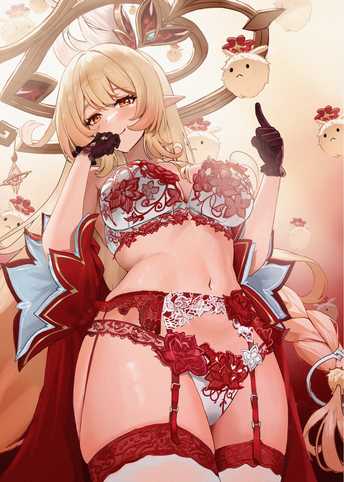 1girl, absurdres, alice (genshin impact), ayul (ayulneri 92), beautiful, big breasts, black gloves, blonde hair, bra, breasts, commentary request, detached sleeves, female, female only, genshin impact, gloves, gorgeous, highres, hips, hips wider than shoulders, huge breasts, large breasts, lingerie, long hair, looking at viewer, looking down, milf, mommy, navel, orange eyes, panties, pointy ears, red garter belt, red garter straps, simple background, sleeves, smile, solo, stomach, thighhighs, thighs, underwear, very long hair, white bra, white panties, white thighhighs, witch, witch hat