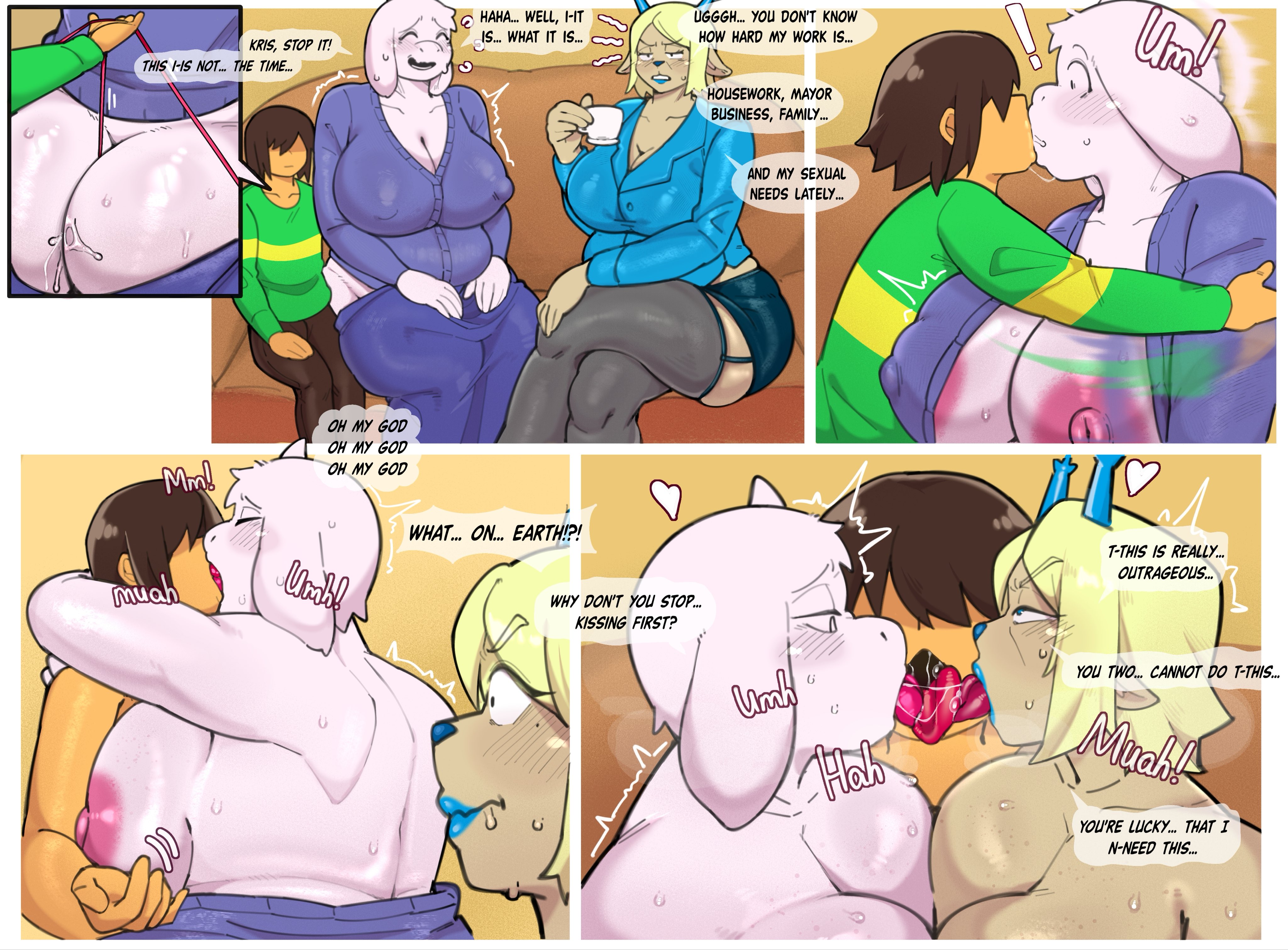 1other, 2026, 2d, absurd res, anthro, antlers, ass, big ass, big breasts, big butt, blonde hair, blue eyes, blue nose, blush, bodily fluids, boss monster, boss monster (undertale), bovid, breasts, caprine, carol holiday, closed eyes, clothed, clothed male, clothing, clothing pull, colored, comic, comic panel, curvy figure, deer, deltarune, dialogue, digital drawing (artwork), digital media (artwork), duo, english text, female, femsub, fingers, french kissing, fur, furry, goat, goat mom, group, hair, hi res, horn, huge ass, huge breasts, huge butt, human, human dominating, human dominating anthro, incest, incest (lore), kissing, kris (deltarune), makeup, male, male/female, maledom, mammal, mature anthro, mature female, mother, mother (lore), mother and child, mother and child (lore), new world deer, nipples, open mouth, panties, pants pull, parent, parent (lore), parent and child, parent and child (lore), pseudo incest, pseudo incest (lore), reindeer, shaded, smile, speech bubble, text, thenewpassion, thick thighs, threesome, tongue, tongue out, topless, topless anthro, topless female, toriel, trio, undertale, undertale (series), underwear, underwear pull, white body, white fur, yellow body
