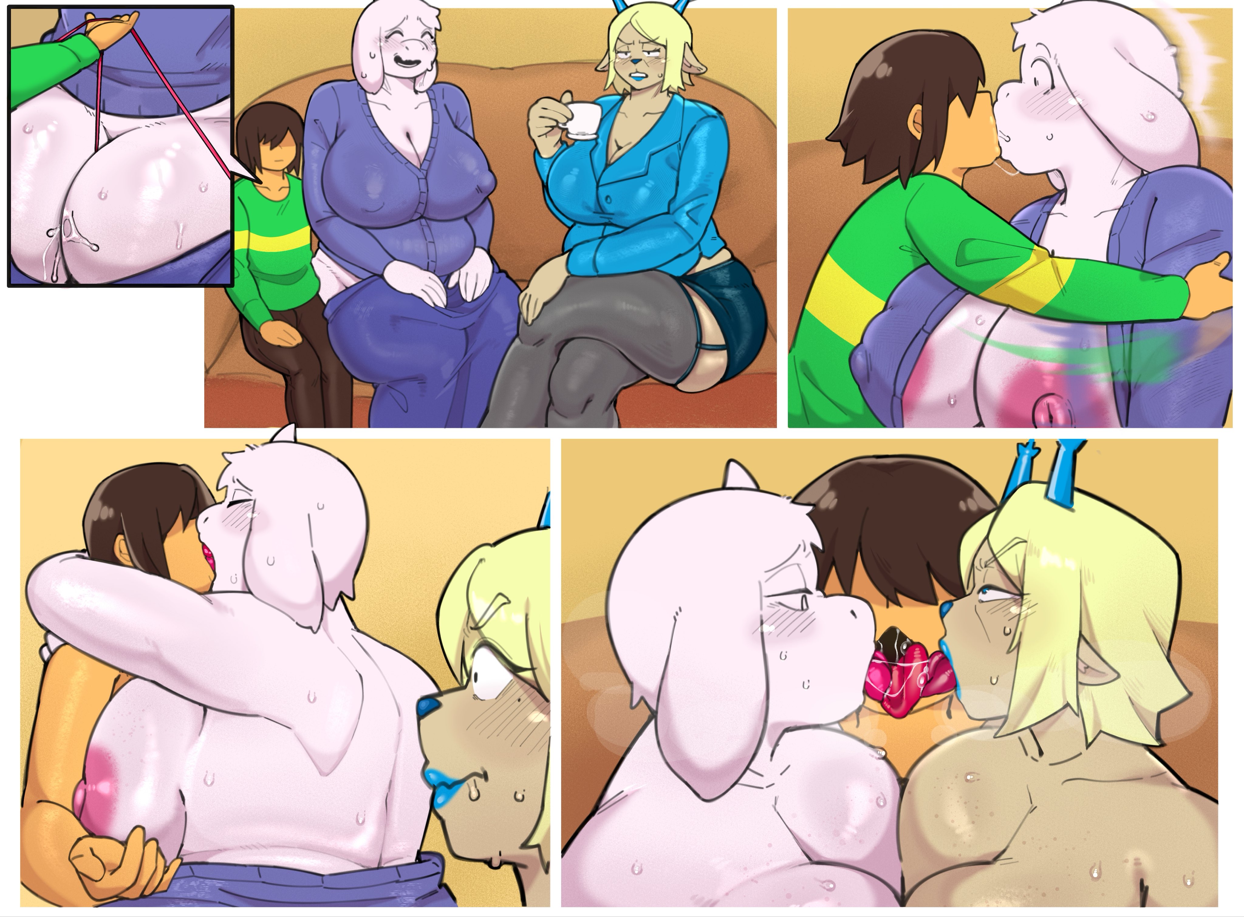 2026, 2d, absurd res, anthro, antlers, ass, big ass, big breasts, big butt, blonde hair, blue eyes, blue nose, blush, bodily fluids, boss monster, boss monster (undertale), bovid, breasts, caprine, carol holiday, closed eyes, clothed, clothed male, clothing, clothing pull, colored, comic, comic panel, curvy figure, deer, deltarune, dialogue, digital drawing (artwork), digital media (artwork), duo, english text, female, fingers, french kissing, fur, furry, goat, goat mom, group, hair, hi res, horn, huge ass, huge breasts, huge butt, human, incest, incest (lore), kissing, kris (deltarune), makeup, male, male/female, mammal, mature anthro, mature female, mother, mother (lore), mother and child, mother and child (lore), new world deer, nipples, open mouth, panties, pants pull, parent, parent (lore), parent and child, parent and child (lore), pseudo incest, pseudo incest (lore), reindeer, shaded, smile, speech bubble, text, textless, textless version, textless version at source, thenewpassion, thick thighs, threesome, tongue, tongue out, topless, topless anthro, topless female, toriel, trio, undertale, undertale (series), underwear, underwear pull, white body, white fur, yellow body