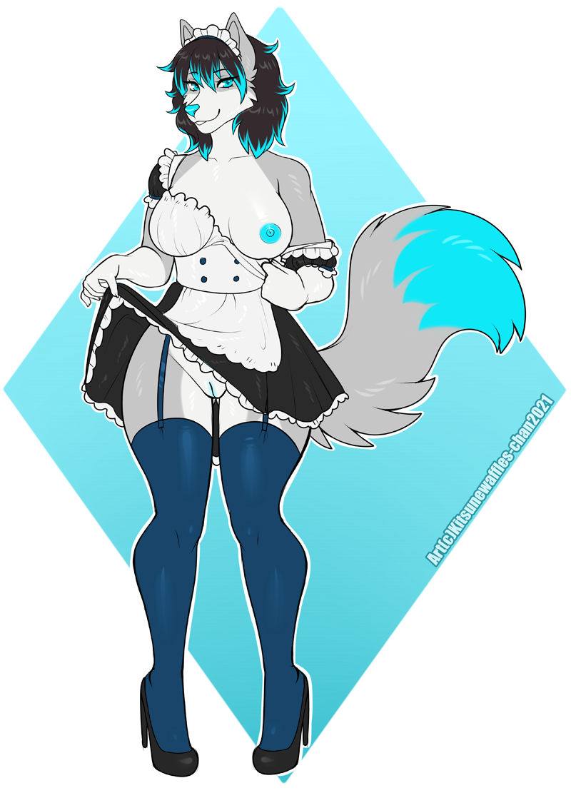 2021 alexandra_(alexandrathewolf) anthro areola black_hair black_high_heels blue_areola blue_body blue_clothing blue_footwear blue_fur blue_hair blue_highlights blue_legwear blue_nipples blue_pussy blue_socks blue_tail_tip blue_thigh_highs blue_thigh_socks breasts canid canine canis cleft_of_venus clothed clothing clothing_lift dated digital_media_(artwork) dress dress_lift female footwear full-length_portrait fur furry furry_only garter_straps genitals grey_body grey_fur hair high_heels highlights_(coloring) kitsunewaffles-chan legwear maid_headdress maid_uniform mammal nipples no_underwear one_breast_out peach_pussy portrait presenting presenting_breasts presenting_pussy pussy shaded signature socks solo standing tail text thigh_highs thigh_socks uniform wolf