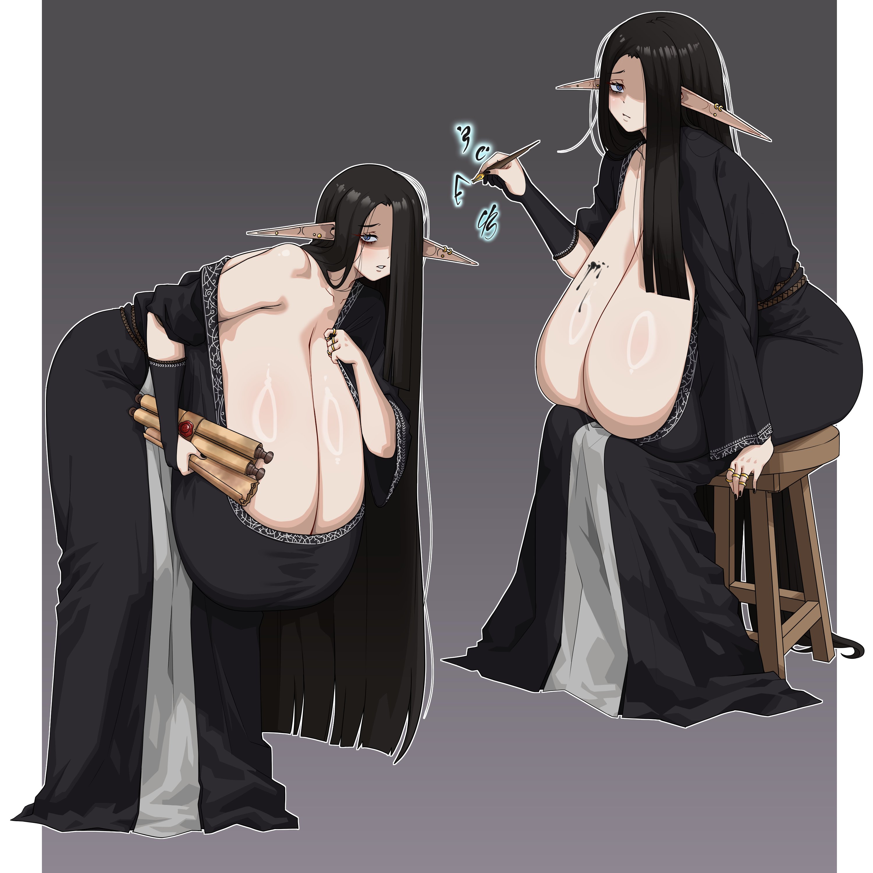 amx1375, black hair, blue eyes, breasts, cleavage, cleavage cutout, cleavage dress, cleavage window, elf, elf ears, female, female only, gigantic breasts, hair over one eye, huge breasts, hyper breasts, leaning forward, long hair, sitting, tagme