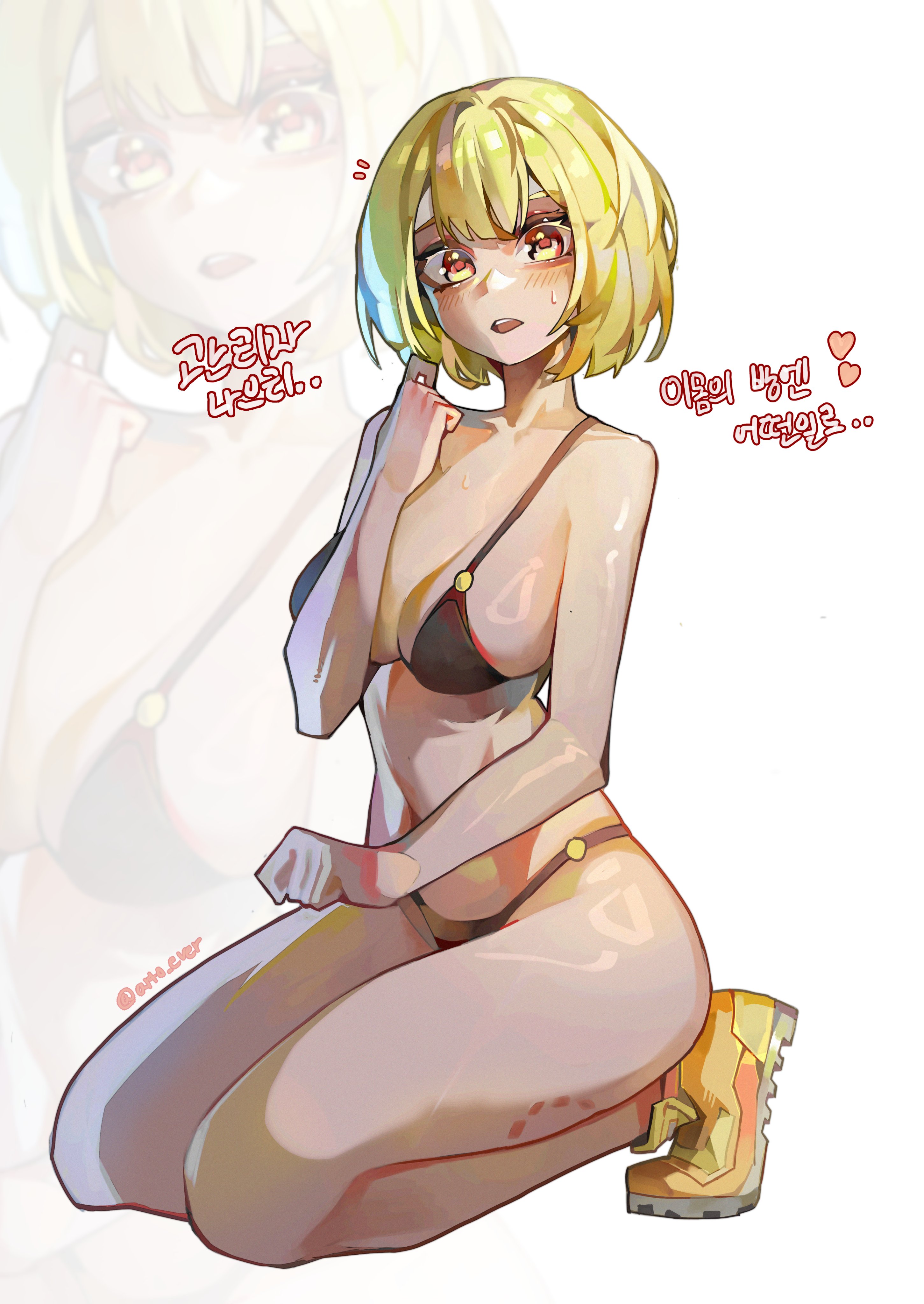 1girls, bite, bites, blodne hair, blush, bra, breasts, don quixote (limbus company), female, female only, large breasts, limbus company, open mouth, project moon, shoes, swimsuit, underwear, white background, yellow eyes