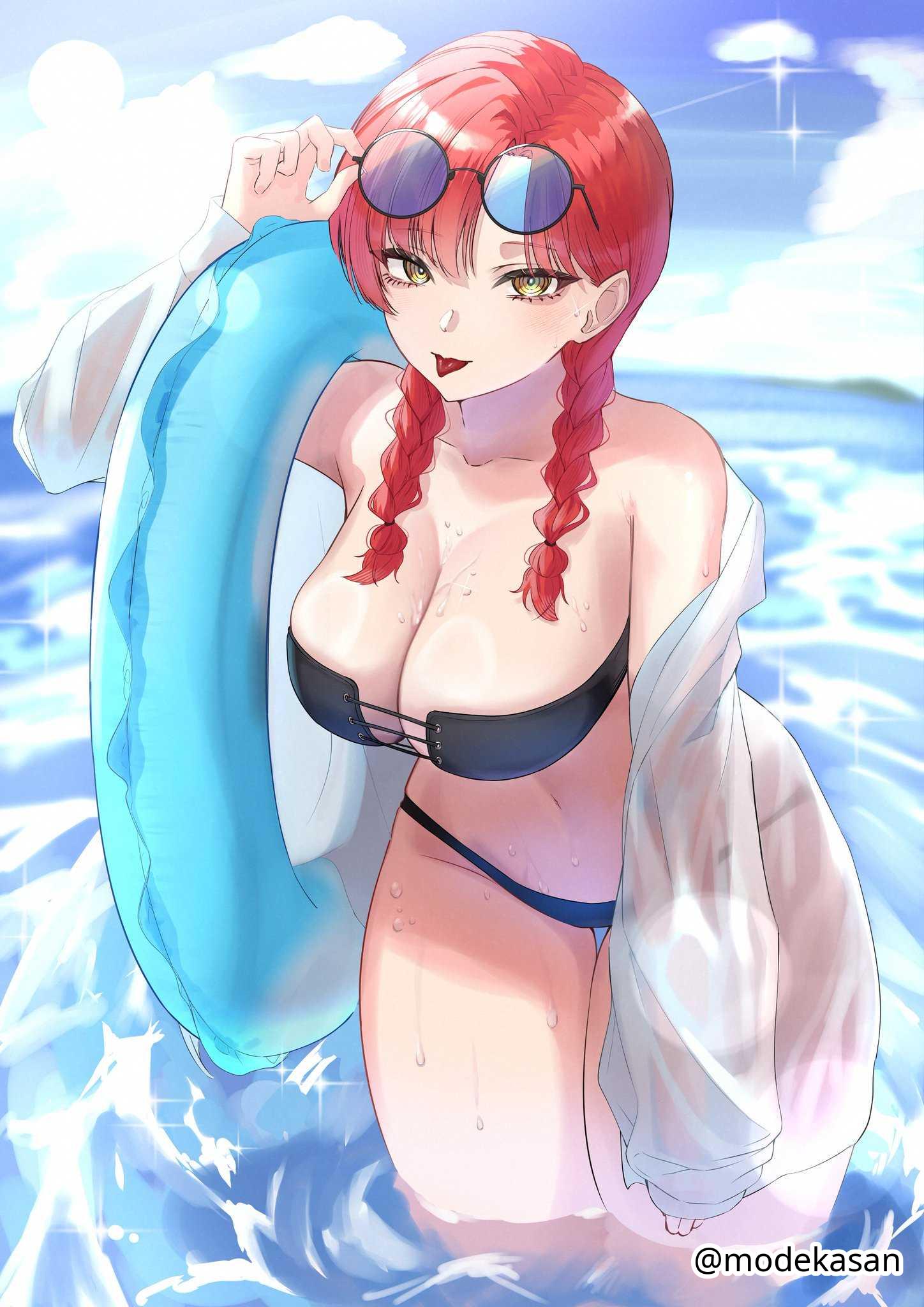 1girls, 2d, 2d (artwork), 2d artwork, adult, adult female, arm above head, arm up, bare armpits, bare belly, bare chest, bare hands, bare hips, bare legs, bare midriff, bare navel, bare shoulders, bare skin, bare thighs, belly, belly button, bewitching thighs, big breasts, bikini, bikini bottom, bikini top, black bikini, black bikini bottom, black bikini top, black swimsuit, black swimwear, blue sky, blurred background, blurry background, braid, braided hair, braided twintails, braids, breasts, busty, busty female, busty girl, busty teen, chainsaw man, child bearing hips, cleavage, clouds, collarbone, curvaceous, curvaceous body, curvaceous female, curvaceous figure, curvaceous hips, curvaceous thighs, curvy, curvy body, curvy female, curvy figure, curvy hips, curvy thighs, day, daylight, daytime, digital, digital art, digital drawing, digital drawing (artwork), digital media, digital media (artwork), drawing, dripping wet, elbows, exposed armpits, exposed belly, exposed chest, exposed hips, exposed legs, exposed midriff, exposed navel, exposed shoulders, exposed skin, exposed thighs, female, female focus, female only, fertile hips, fingers, groin, half submerged, hand above head, hand up, high resolution, highres, horizon, hourglass figure, inguinal crease, inguinal ligament, large boobs, large breasts, lean figure, legs closed, legs together, long hair, looking at viewer, makima (chainsaw man), mature, mature female, midriff, modekasan, naked shirt, narrow waist, navel, ocean, open clothes, open clothing, open shirt, open topwear, outdoor, outdoor nudity, outdoors, outside, partially submerged, partially submerged legs, posing, posing for the viewer, red hair, red-haired female, ring eyes, ringed eyes, round glasses, sea, seaside, shirt, shoulders, sky, slender body, slender waist, slim female, slim waist, soaked, soaked clothes, solo, standing, submerged feet, submerged legs, sunglasses, sunglasses on forehead, sunglasses on head, swimsuit, swimwear, thick thighs, thigh gap, thighs, thighs together, tongue, tongue out, twin braids, unbuttoned, unbuttoned shirt, upper body, water, wet, wet belly, wet bikini, wet body, wet breasts, wet clothes, wet clothing, wet legs, wet shirt, wet skin, wet swimsuit, wet thighs, white shirt, white topwear, wide hips, yellow eyes, yellow-eyed female