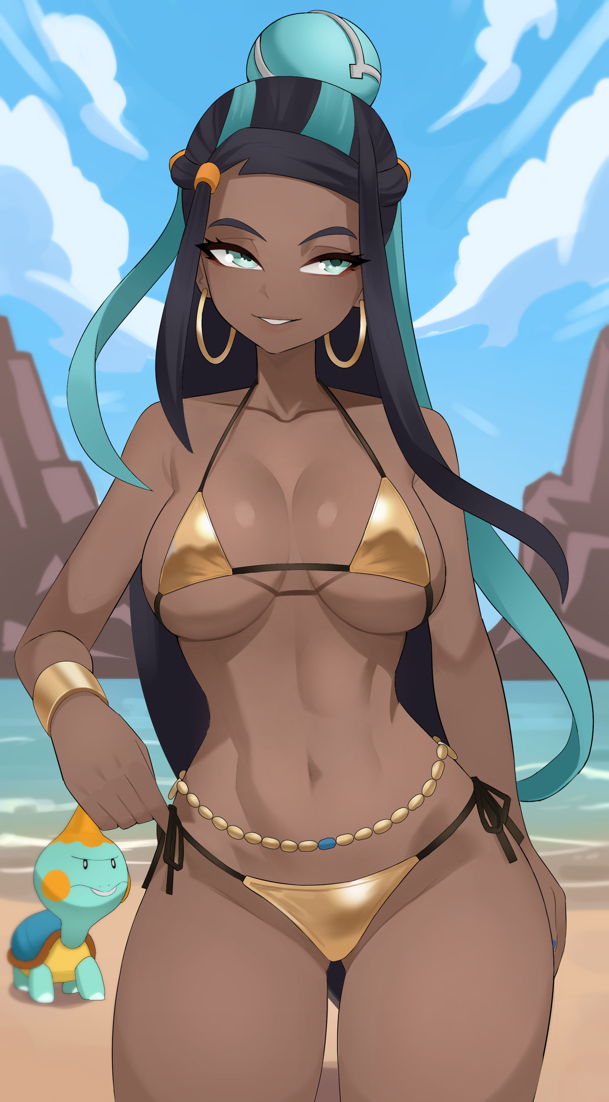 absurdres, alternate costume, bikini, black hair, blue eyes, blue hair, bracelet, breasts, chewtle, dark skin, dark-skinned female, earrings, female, female only, gold bikini, hair bun, highres, hoop earrings, jewelry, kaerujj, long hair, medium breasts, navel, nessa (pokemon), pokemon, pokemon (creature), pokemon swsh, rurina (pokemon), side-tie bikini bottom, sideboob, stomach, swimsuit, underboob