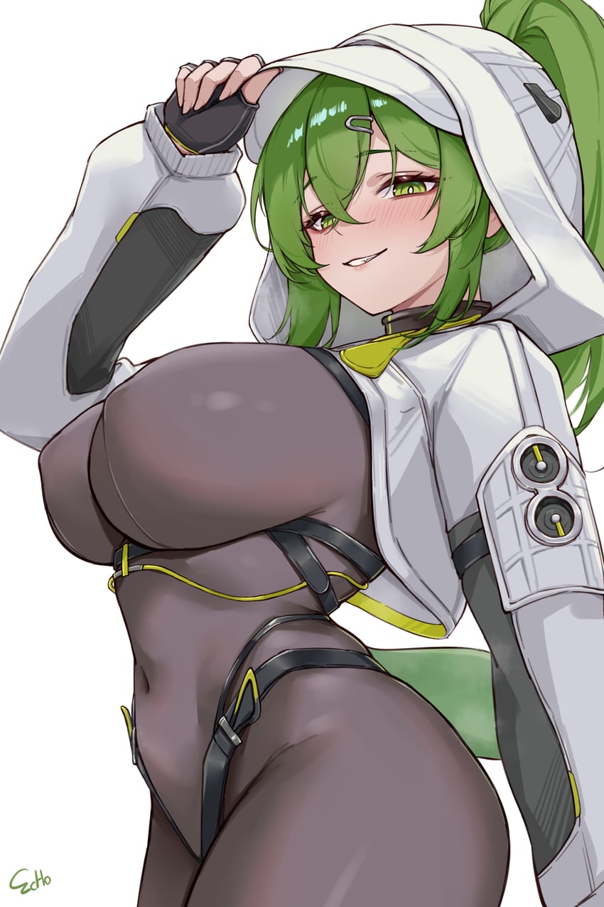 1girls, absurd res, arknights, arknights: endfield, artist name, black bodysuit, blush, bodysuit, breasts, covered navel, covered nipples, e.c.ho, female, female only, fingerless gloves, fluorite (arknights: endfield), from side, gloves, green eyes, green hair, hairclip, highres, huge breasts, jacket, large breasts, long hair, looking at viewer, navel, ponytail, simple background, tail, white background, white jack, white jacket