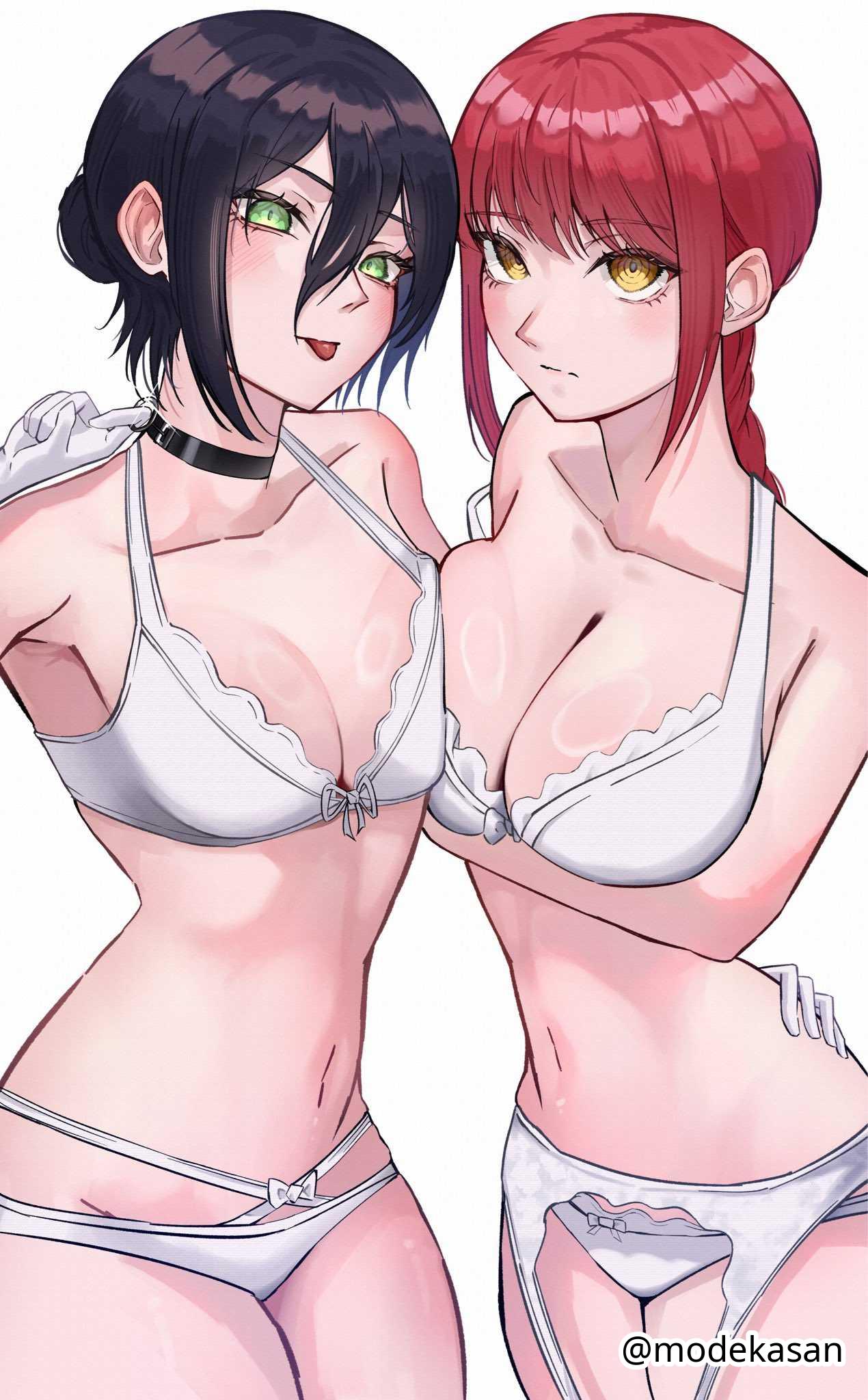 2d, 2d (artwork), 2d artwork, 2girls, adult, adult female, arm around waist, armpits, bare armpits, bare belly, bare chest, bare hips, bare legs, bare midriff, bare navel, bare shoulders, bare skin, bare thighs, belly, belly button, big breasts, black choker, black hair, black-haired female, blank expression, blank eyes, blank stare, blush, blush face, blushing at viewer, blushing female, bored, bored expression, bra, braid, braided hair, braided ponytail, breast press, breast press on chest, breast squeeze, breasts, breasts press, breasts pressed against another, breasts pressed against partner, breasts pressed together, busty, busty female, busty girl, busty teen, chainsaw man, choker, cleavage, collarbone, curvaceous, curvaceous body, curvaceous female, curvaceous figure, curvaceous hips, curvaceous teenager, curvaceous thighs, curvy, curvy body, curvy female, curvy figure, curvy hips, curvy teen, curvy thighs, digital, digital art, digital drawing, digital drawing (artwork), digital media, digital media (artwork), drawing, elbows, emotionless, exposed armpits, exposed belly, exposed chest, exposed hips, exposed legs, exposed midriff, exposed navel, exposed shoulders, exposed skin, exposed thighs, eyebrows visible through hair, female, female focus, female only, fingers, frilled bra, frilled panties, frilled underwear, garter belt, garter straps, green eyes, green-eyed female, groin, hair between eyes, hair bun, half naked, half nude, head tilt, high resolution, highres, hourglass figure, large boobs, large breasts, lean figure, legs closed, legs together, long hair, looking at viewer, looking up, looking up at viewer, makima (chainsaw man), matching underwear, mature, mature female, medium breasts, midriff, modekasan, multiple females, multiple girls, naked, naked female, naked woman, narrow waist, navel, neutral expression, nude, nude female, nudity, panties, ponytail, posing, posing for the viewer, posing naked, posing nude, pressing breast on partner, pressing breasts, pressing breasts together, pushing breasts together, pushing breasts up, red hair, red-haired female, reze (chainsaw man), ribbon bra, ribbon panties, ring eyes, ringed eyes, semi nude, shiny breasts, shiny hair, shiny legs, shiny skin, shiny thighs, shoulders, sidelocks, simple background, slender body, slender waist, slim female, slim waist, squeezing breast, squeezing breasts, squeezing breasts together, standing, teen girl, teenage female, teenage girl, teenager, thick thighs, thighs, thighs together, tilted head, tongue, tongue out, underwear, underwear only, upper body, white background, white bra, white garter belt, white garter straps, white panties, white underwear, wide hips, yellow eyes, yellow-eyed female, young female, young woman