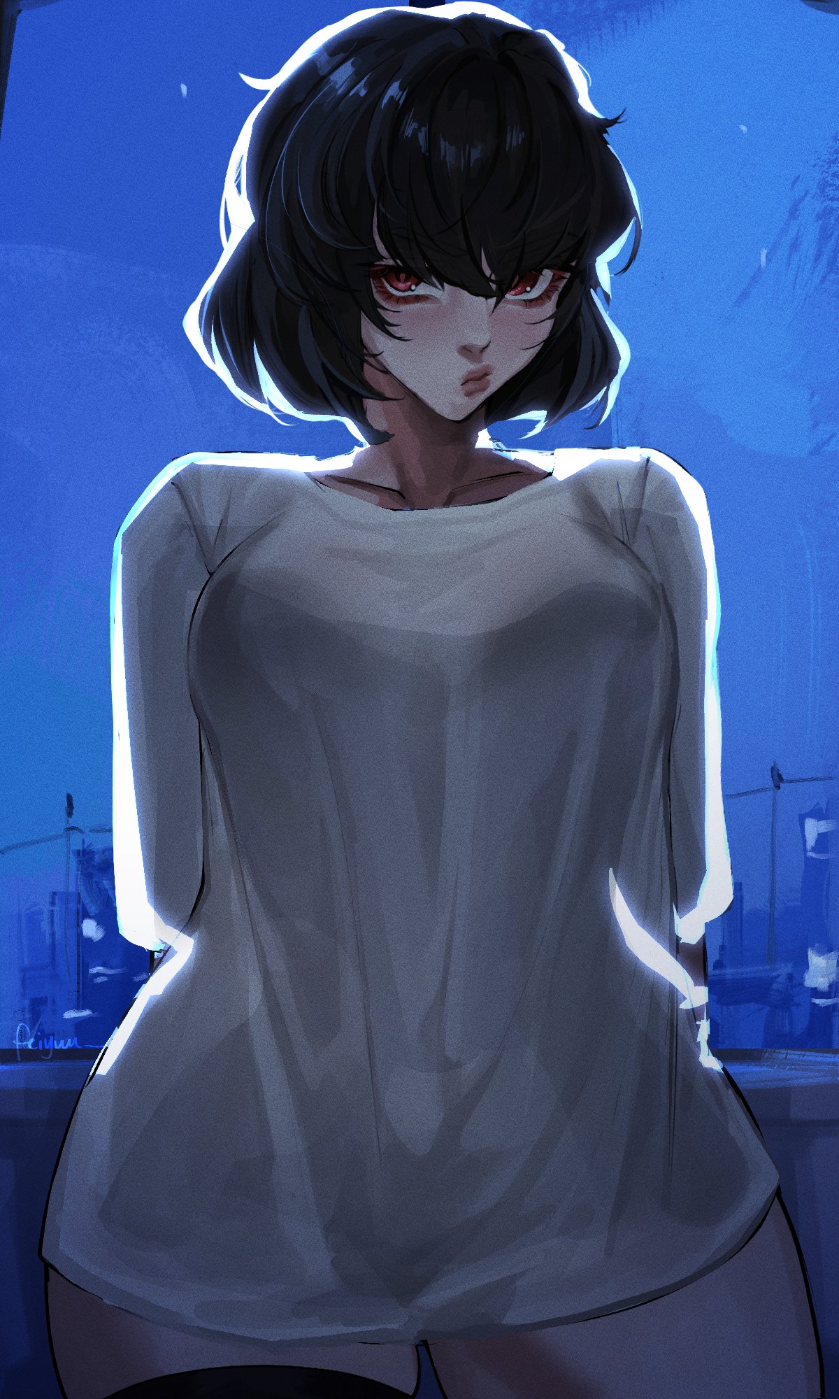 big breasts, big thighs, black hair, dark hair, deadlock, feiyuu, female, female only, hourglass figure, hourglass figured female, light body, light skin, lipstick, looking at viewer, mina (deadlock), mina ha, oversized clothes, oversized shirt, pale skin, pale-skin, pale-skinned female, plump, plump boobs, plump breasts, plump lips, plump thighs, red eyes, red lipstick, seducing, seductive, seductive body, seductive eyes, seductive female, seductive gaze, seductive look, seductive mouth, seductive pose, seductive smile, thick, thick hips, thick legs, thick lips, thick thighs, valve, valve (company), vampire, vampire girl