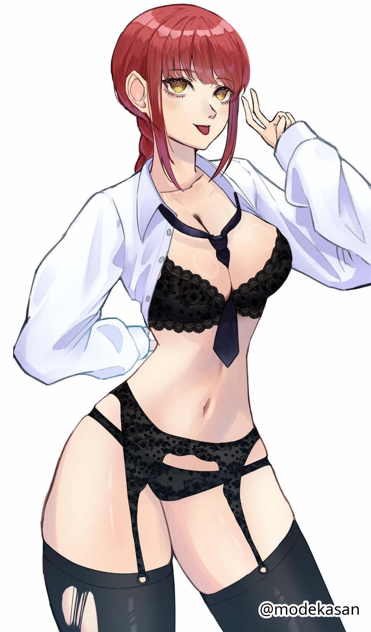 1girls, 2d, 2d (artwork), 2d artwork, adult, adult female, arm behind back, arm up, belly, belly button, black bra, black garter belt, black garter straps, black legwear, black necktie, black panties, black stockings, black thigh highs, black thighhighs, black underwear, bra, braid, braided hair, braided ponytail, breasts, busty, busty female, chainsaw man, cleavage, collarbone, curvaceous, curvaceous body, curvaceous female, curvaceous figure, curvaceous hips, curvaceous thighs, curvy, curvy body, curvy female, curvy figure, curvy hips, curvy thighs, digital, digital art, digital drawing, digital drawing (artwork), digital media, digital media (artwork), drawing, eyebrows visible through hair, female, female focus, female only, fingers, frilled bra, frilled underwear, garter belt, garter straps, groin, half naked, half nude, hand behind back, hand up, head tilt, high resolution, highres, hourglass figure, lace bra, lace garter belt, lace garter straps, lace panties, lace underwear, lace-trimmed bra, lace-trimmed garter belt, lace-trimmed panties, lace-trimmed underwear, laced bra, laced panties, laced underwear, large breasts, lean figure, legwear, long hair, looking at viewer, makima (chainsaw man), matching underwear, mature, mature female, midriff, modekasan, narrow waist, navel, necktie, open clothes, open clothing, open shirt, open topwear, panties, peace sign, ponytail, posing, posing for the viewer, posing naked, posing nude, red hair, red-haired female, ring eyes, ringed eyes, ripped thighhighs, semi nude, shirt, shoulders, sidelocks, sign, simple background, skindentation, slender body, slender waist, slim female, slim waist, solo, standing, stockings, thick thighs, thigh highs, thighhighs, thighs, tilted head, tongue, tongue out, torn thighhighs, unbuttoned, unbuttoned shirt, underwear, upper body, v, v sign, white background, white shirt, white topwear, wide hips, yellow eyes, yellow-eyed female
