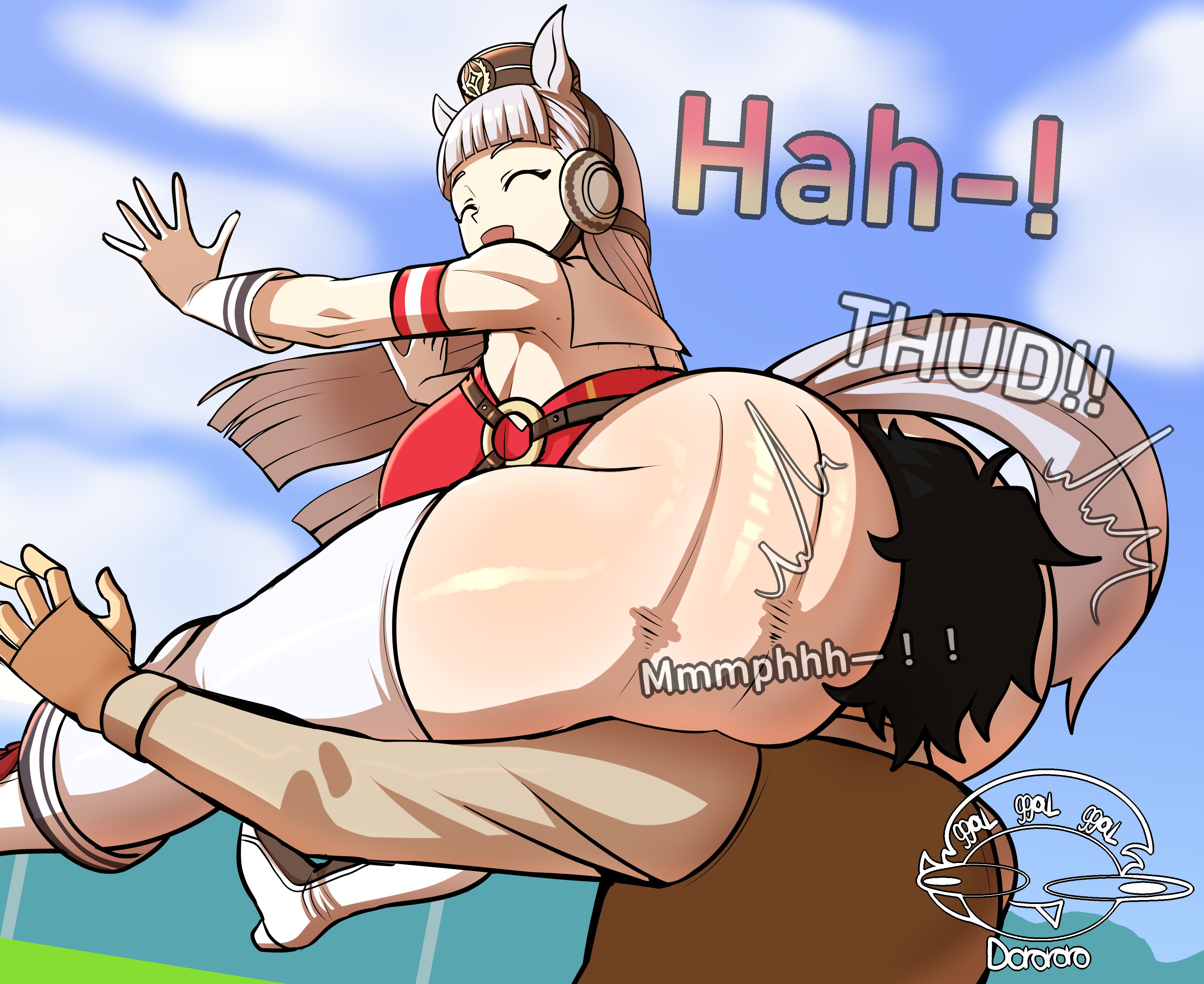 1boy, 1girls, 2d, ass, ass attack, da ra ra ra, female, gold ship (umamusume), horse ears, horse girl, horse tail, huge ass, light skin, light-skinned female, tagme, thick thighs, thighhighs, thighs, umamusume, umamusume pretty derby, white hair
