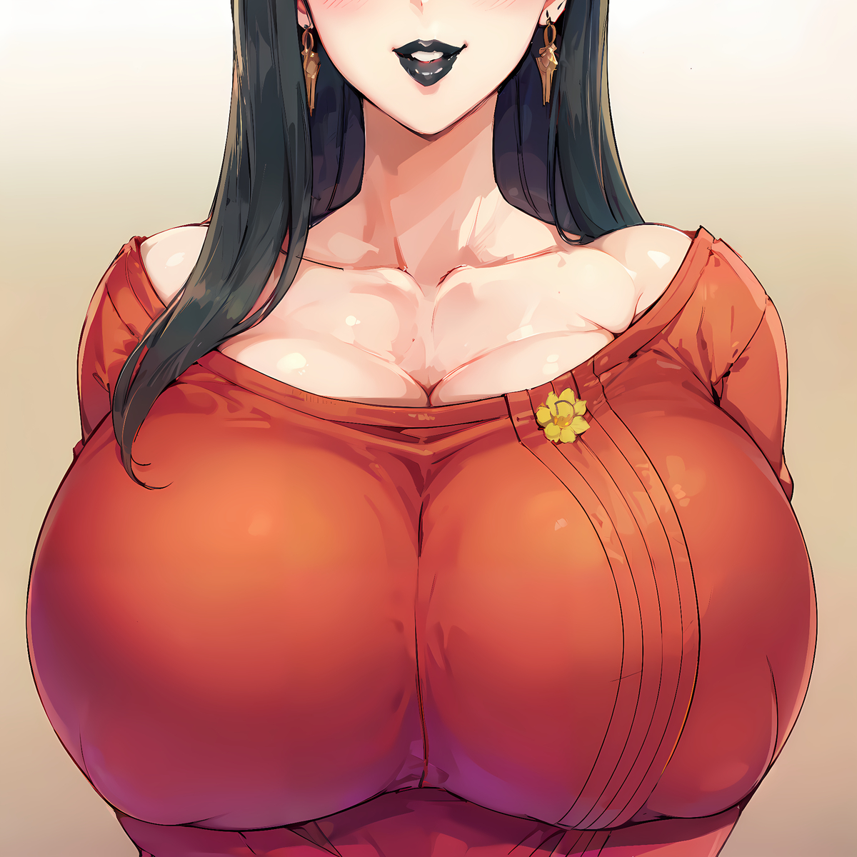 ai generated, big breasts, black hair, black lipstick, breast focus, female, female only, fully clothed, gifted11, lipstick, long hair, red clothing, smile, spy x family, yor briar, yor forger